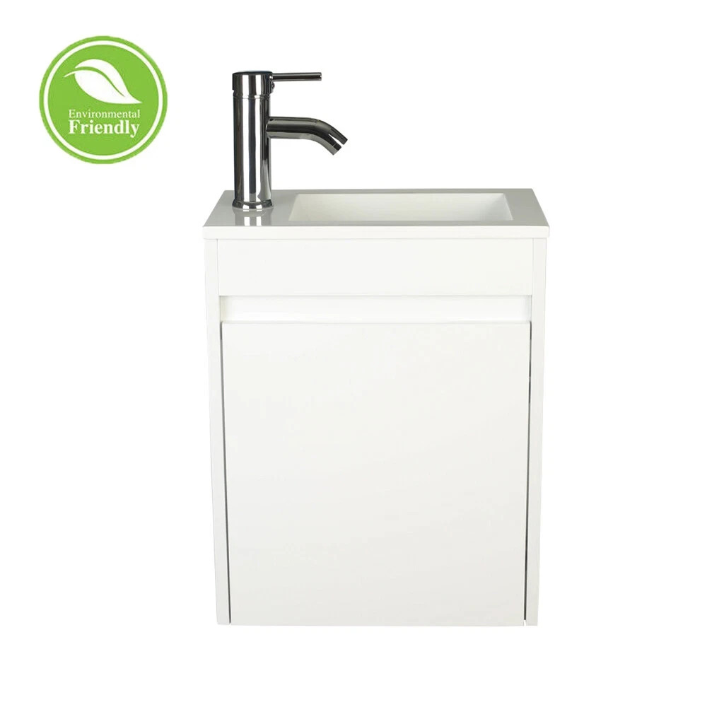 16″ Bathroom Vanity Wall Mount Cabinet Resin Sink Faucet Vessel Drain Combo Set