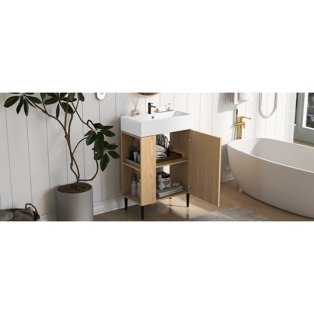 21.6″ Wood Bathroom Vanity，Ceramic Sink，Free-Standing Cabinet，Left Side Storage