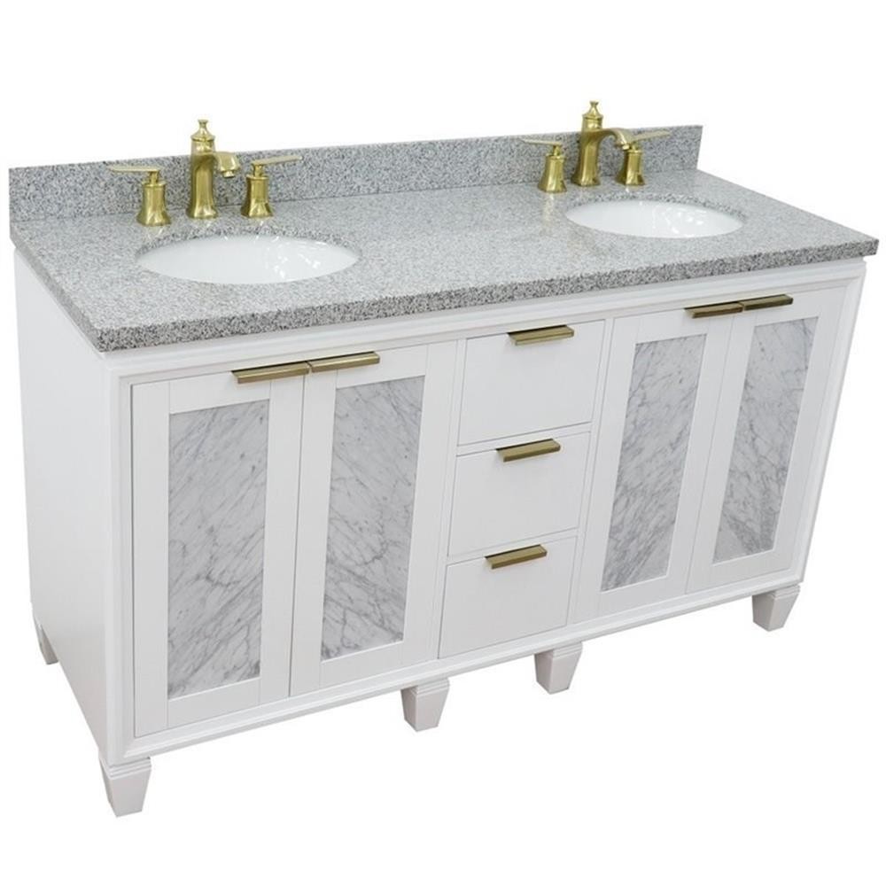 Pemberly Row 61″ Double Oval Sink Solid Wood Vanity in White/Gray Granite Stone