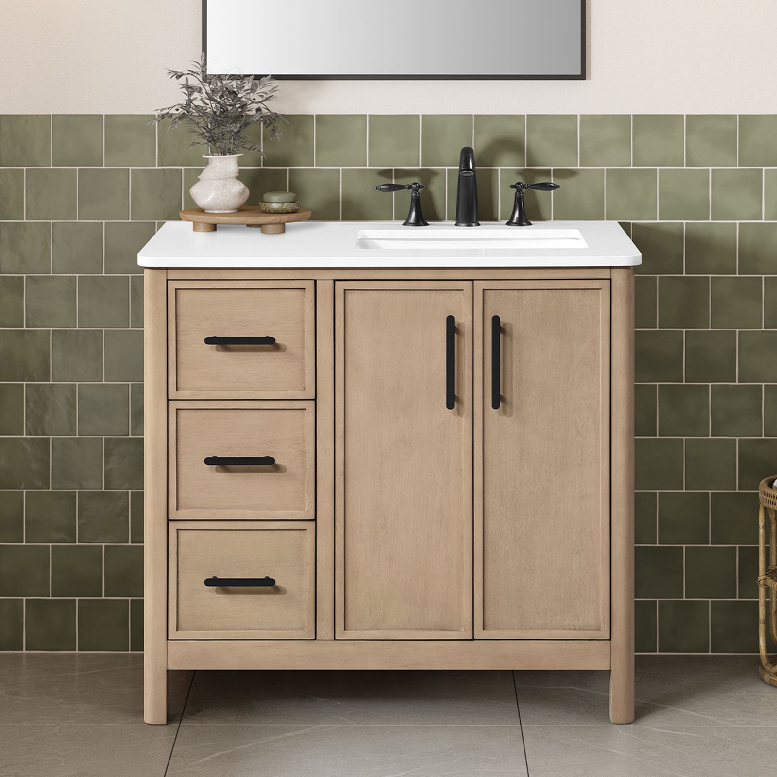 Solas 36″ Bathroom Vanity in Sahara Birch with White Countertop