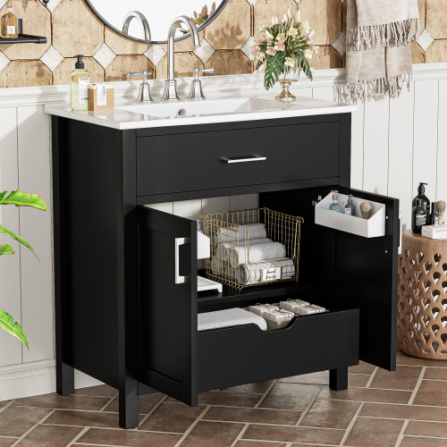 30″ Bathroom Vanity with Ceramic Sink and Storage Cabinet Built-in Drawe & Doors