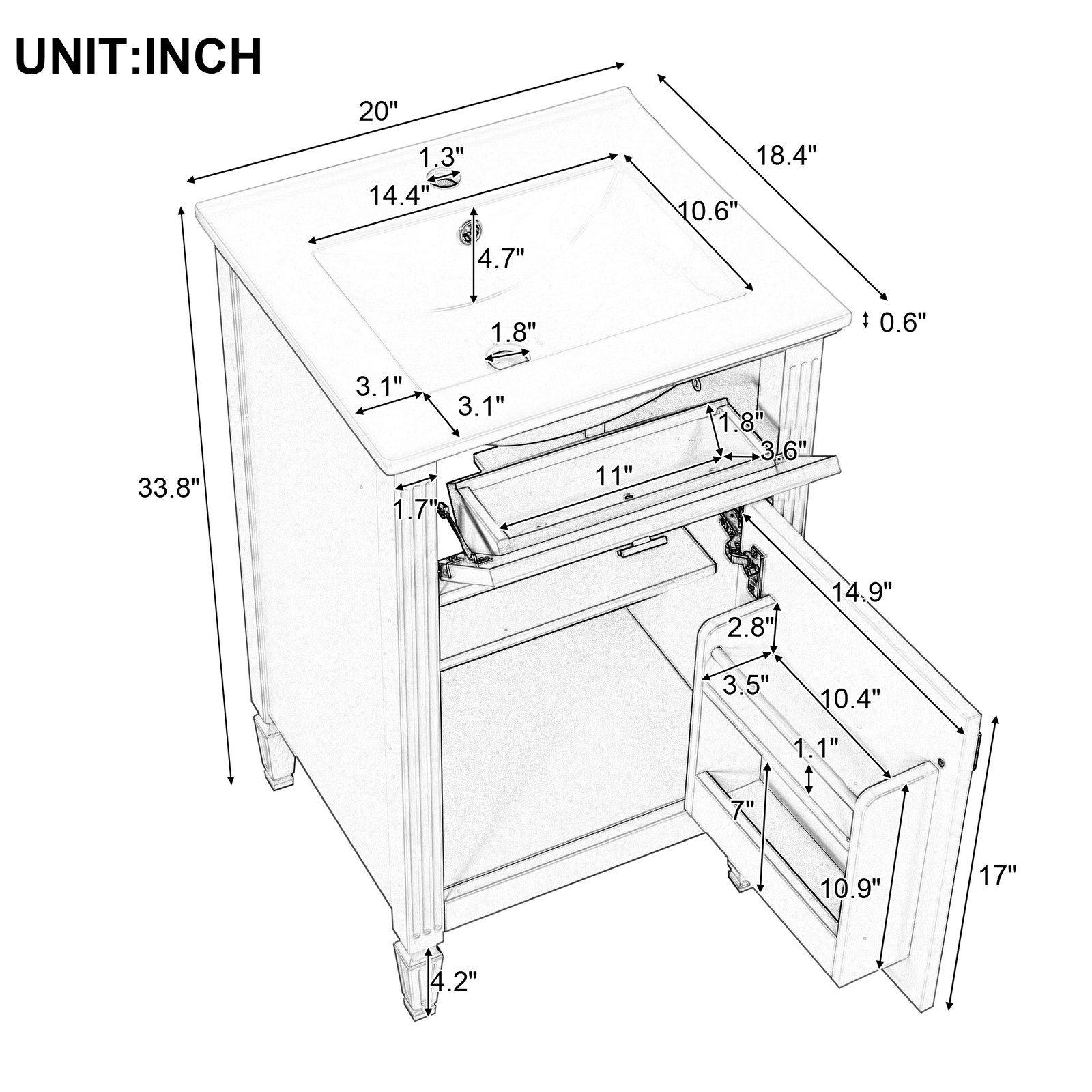 20″ Bathroom Vanity w/Ceramic Sink Modern Storage Cabinet w/Adjustable Shelf