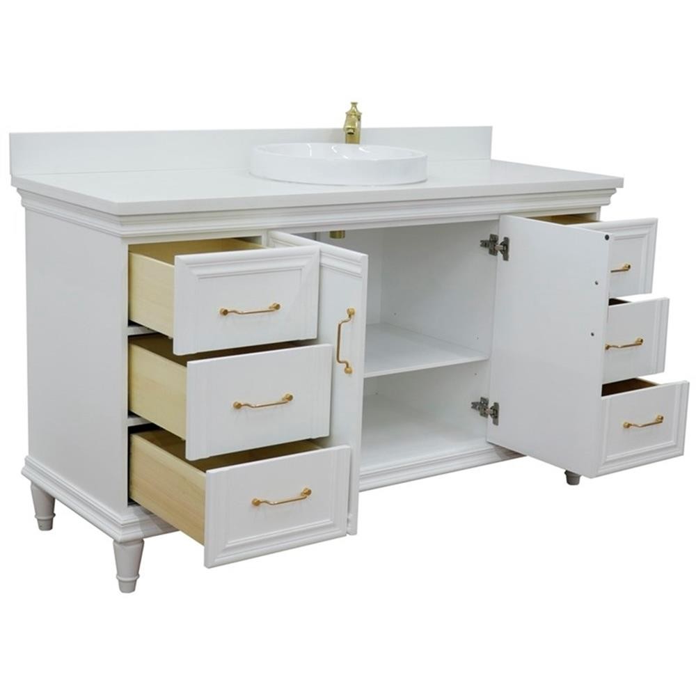 61 in. Single Wooden Vanity White with White Quartz Round Sink