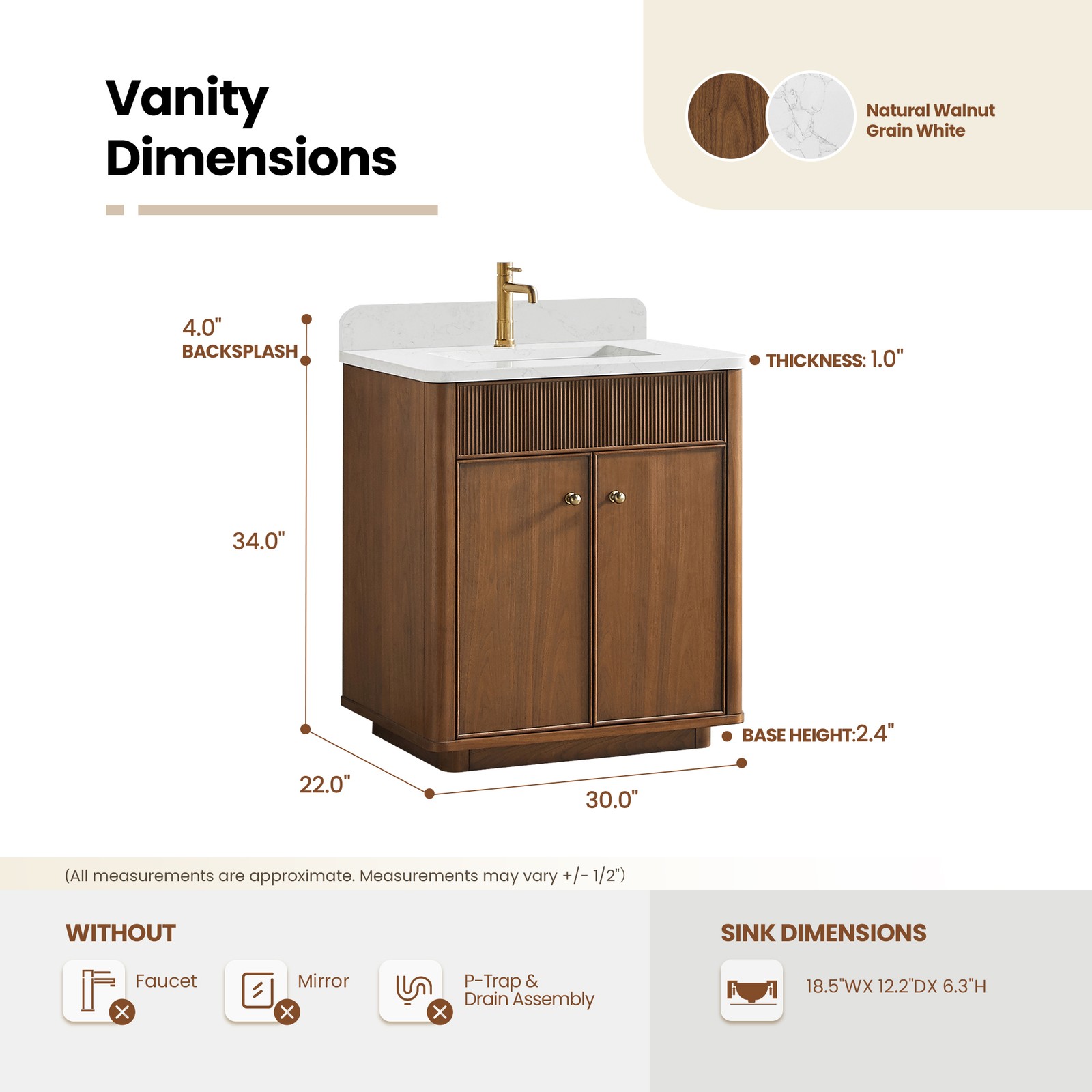 Zogno 30″ Single Sink Bath Vanity in Natural Walnut with White Grain Stone Top