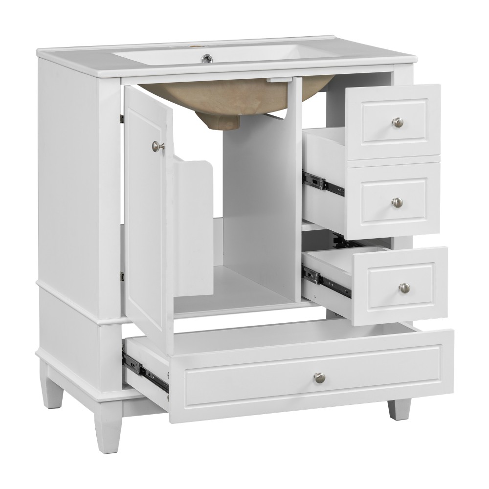 30″ Bathroom Vanity with Sink, One Door with Shelf and Three Drawers
