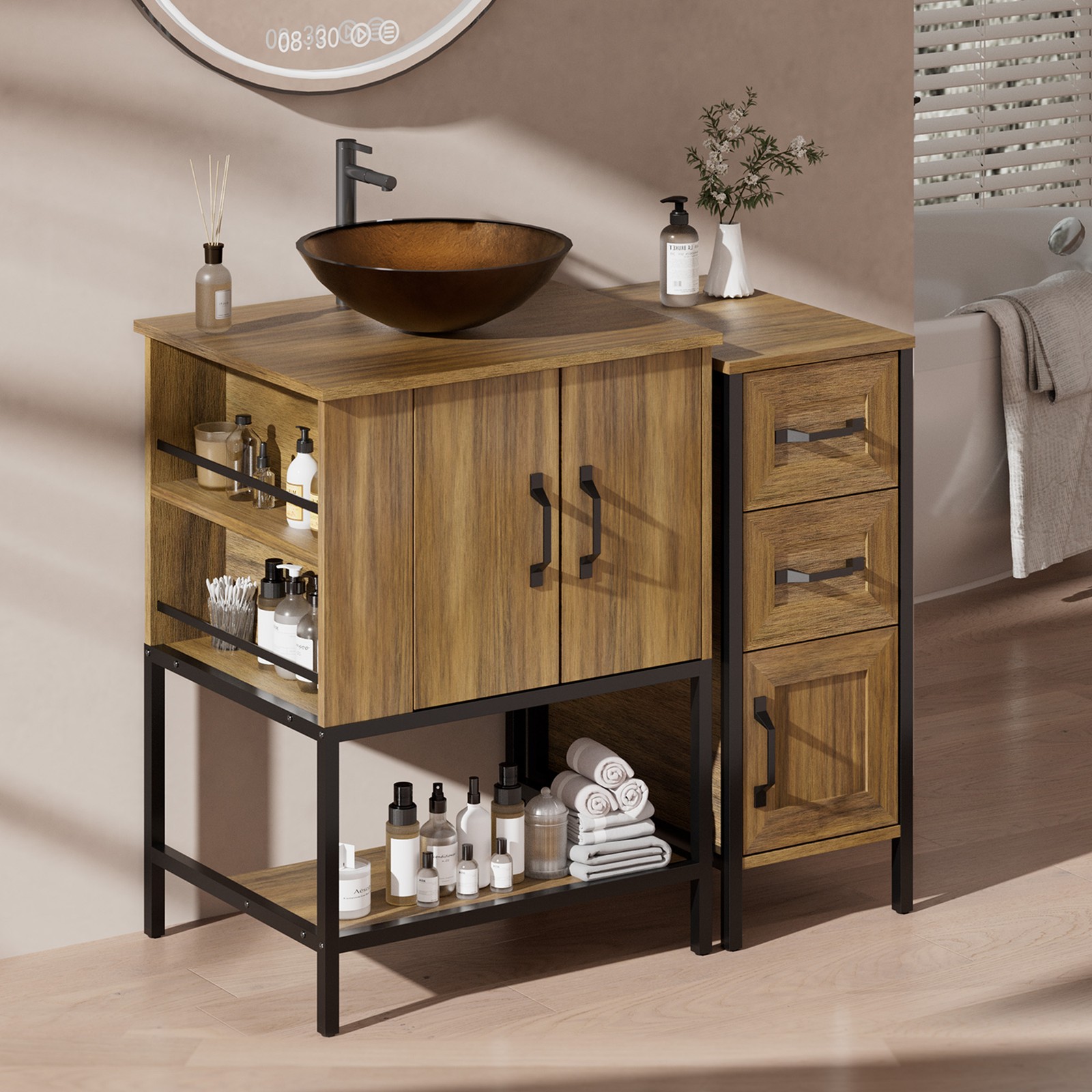 36″ Freestanding Bathroom Vanity with Vessel Sink 3 Drawers Storage Cabinet Oak