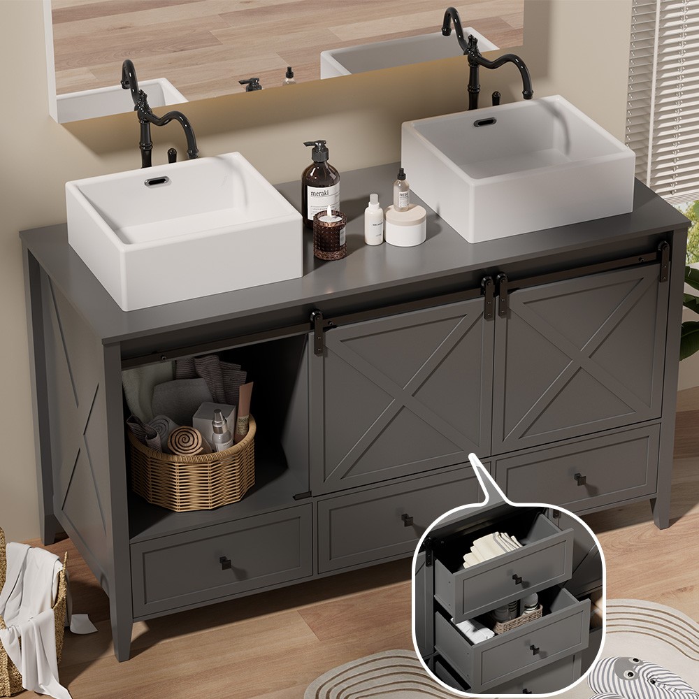 60-inch Grey Bathroom Vanity with Ceramic Sink Combo Abundant Storage Cabinet US