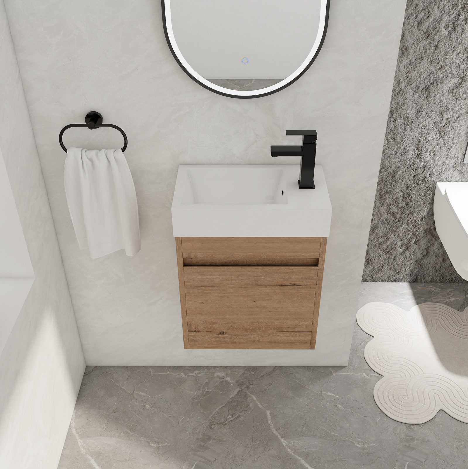 18in Wall Mounted Floating Bathroom Vanity Cabinet W/Resin Sink Oak Small Space