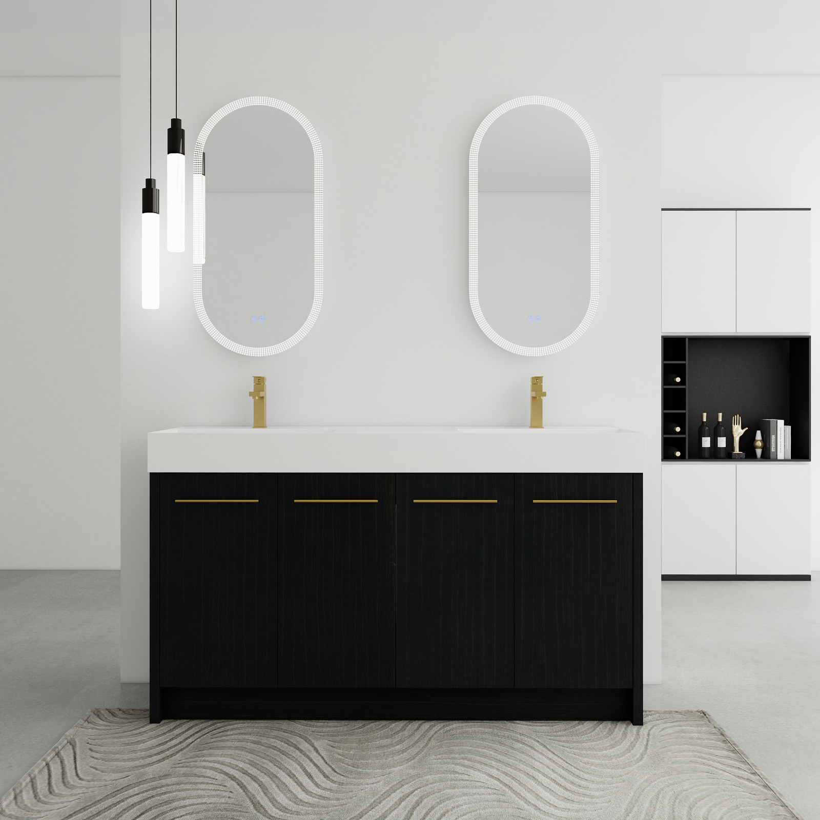 60 in Wood Freestanding Bathroom Vanity W/ Resin Double Sink Door Cabinet Black