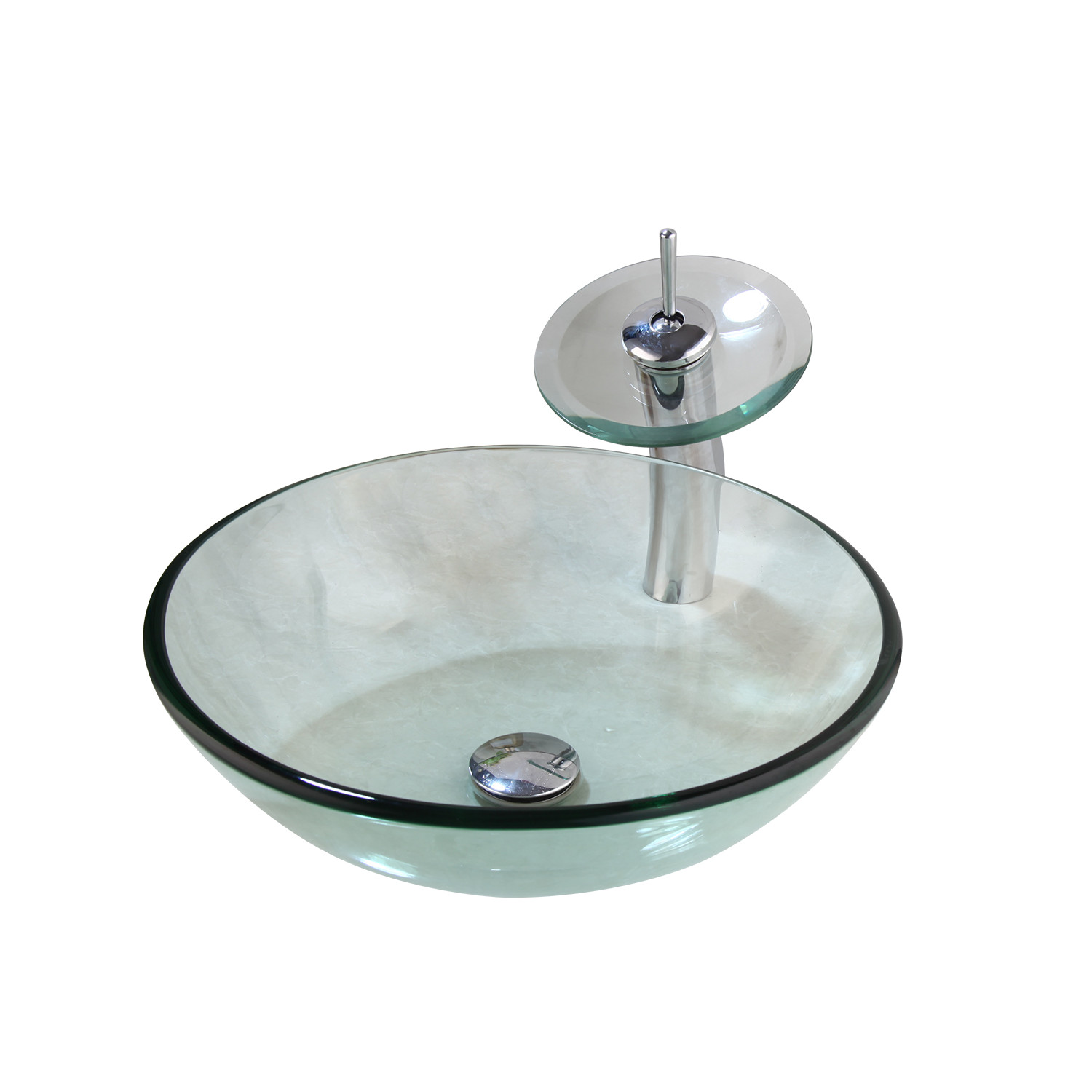 Bathroom Clear Vessel Sink Faucet Basin Vanity Bowl Glass Combo Round Tempered