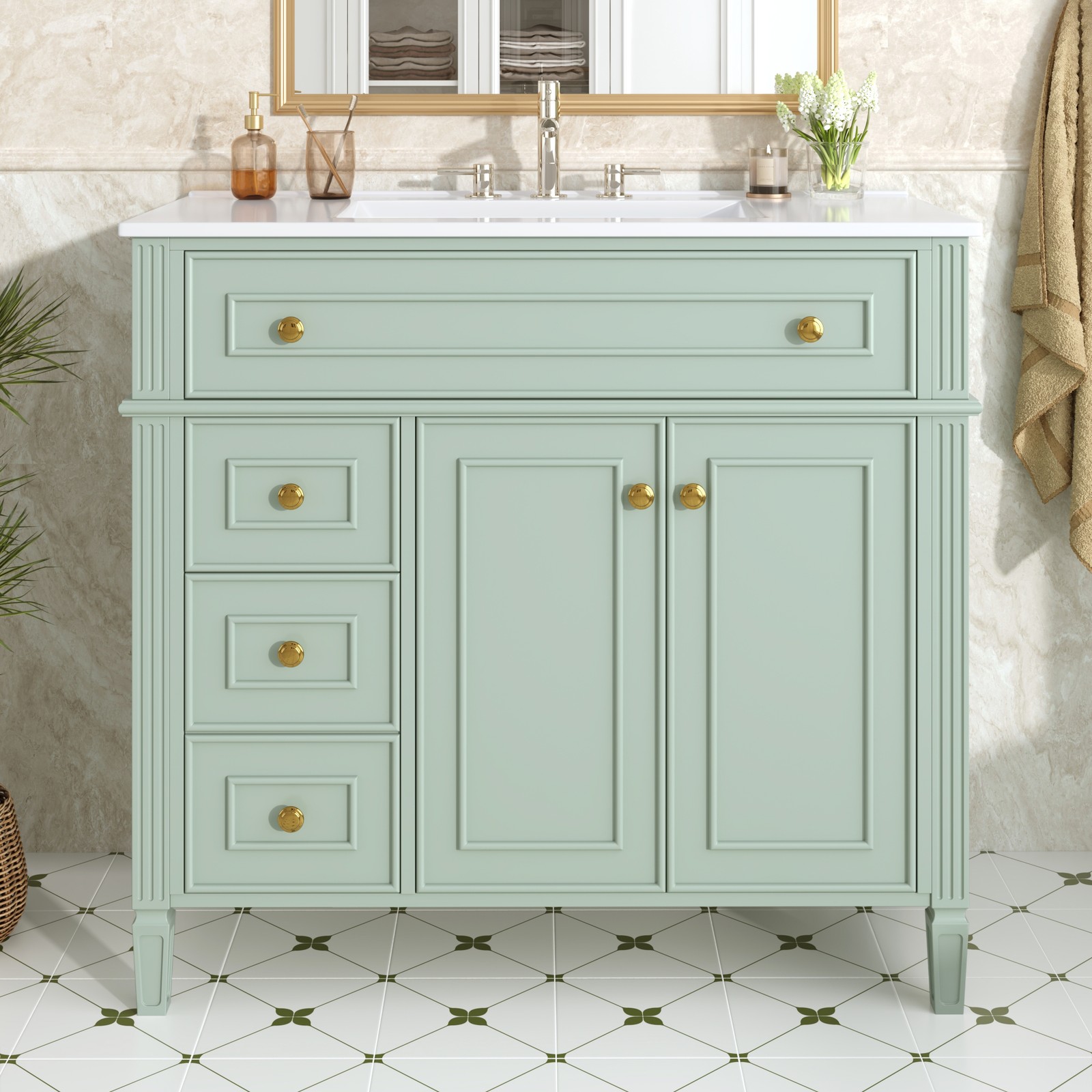 36″ Bathroom Vanity with Sink, Green Solid Wood Cabinet, 3 Drawers 2 Doors