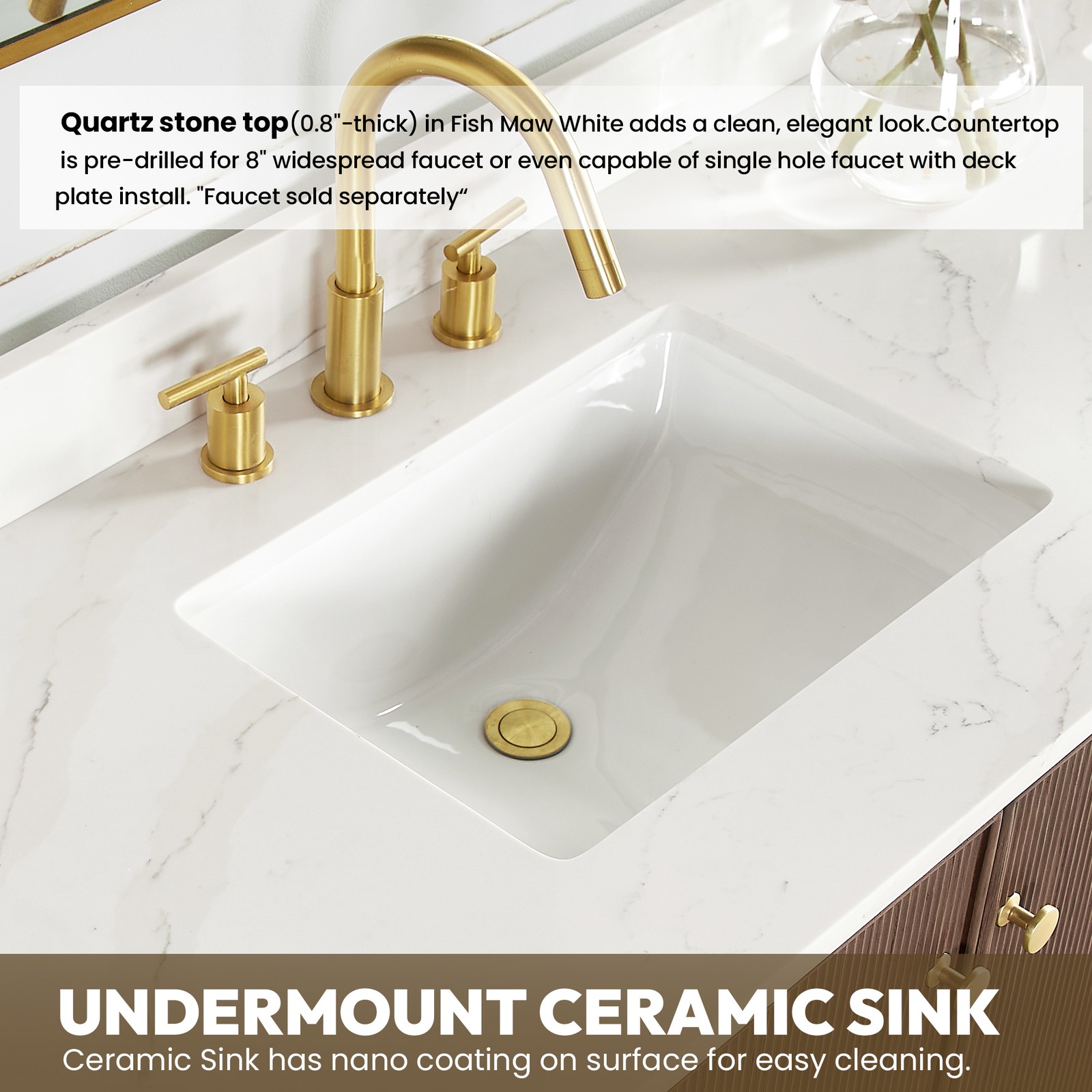 Oza 60M”Double Bath Vanity in Aged Dark Brown Oak with Fish Maw White Quartz Top