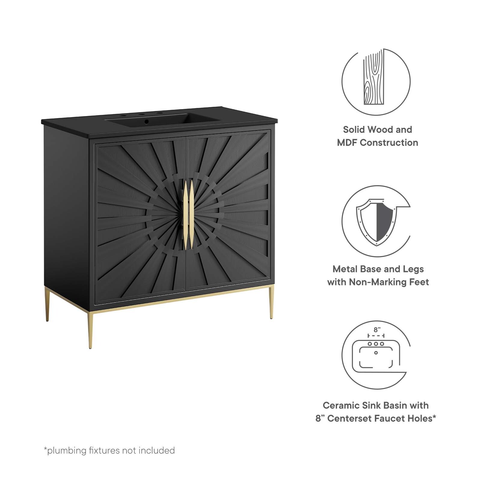 Modway Awaken 36″ Bathroom Vanity Cabinet in Black Black With Ceramic Sink Basin