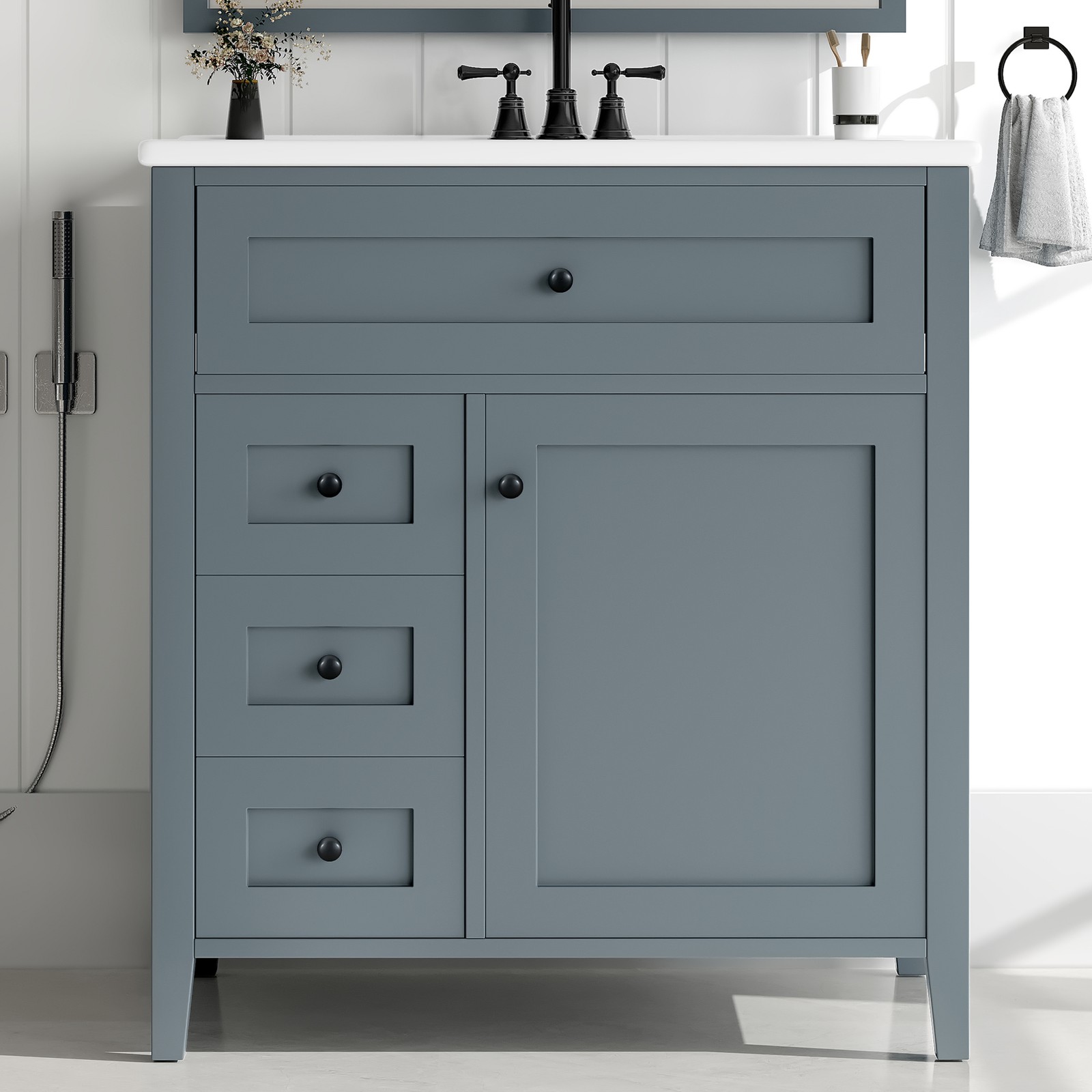 30″ Blue Gray Bathroom Vanity with Sink, 3 Drawers & Cabinet