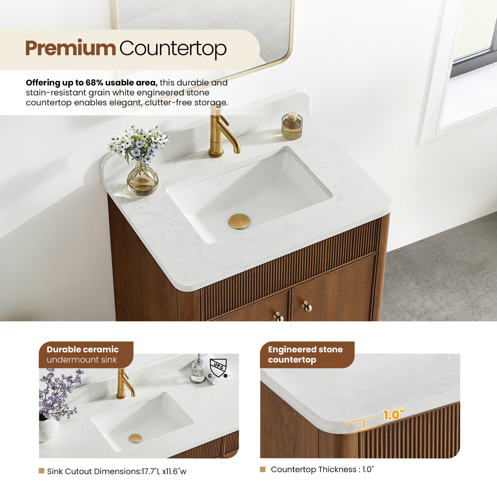 Zogno 30″ Single Sink Bath Vanity in Natural Walnut with White Grain Stone Top