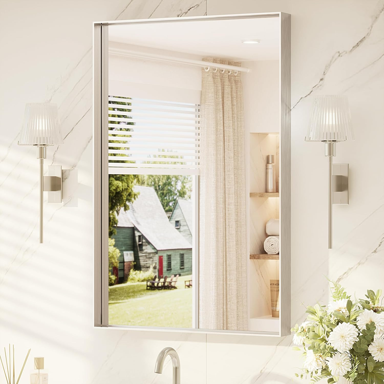 Brushed Nickel 24″x36″ Modern Farmhouse Bathroom Mirror with Tempered Glass