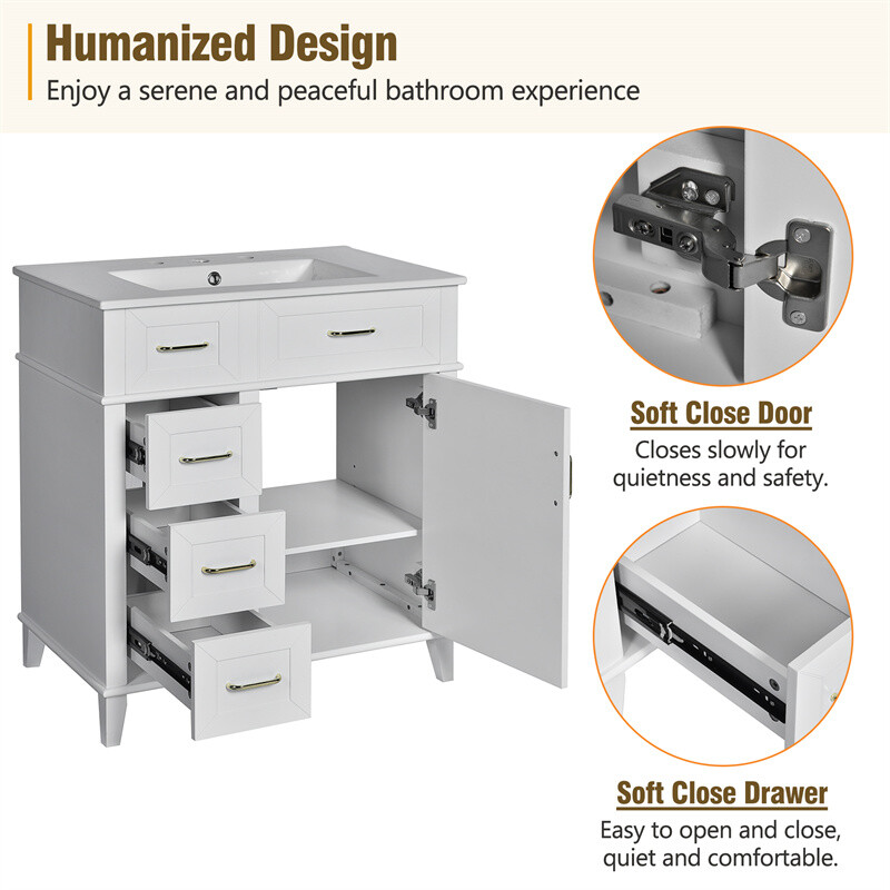 30in White Bathroom Vanity with Ceramic Freestanding Cabinet w/Door & 3 Drawers