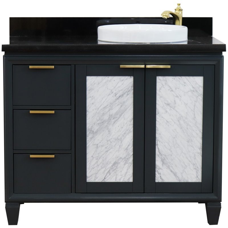 Trento Solid Wood Vanity with Right Round Sink in Gray/Black Galaxy