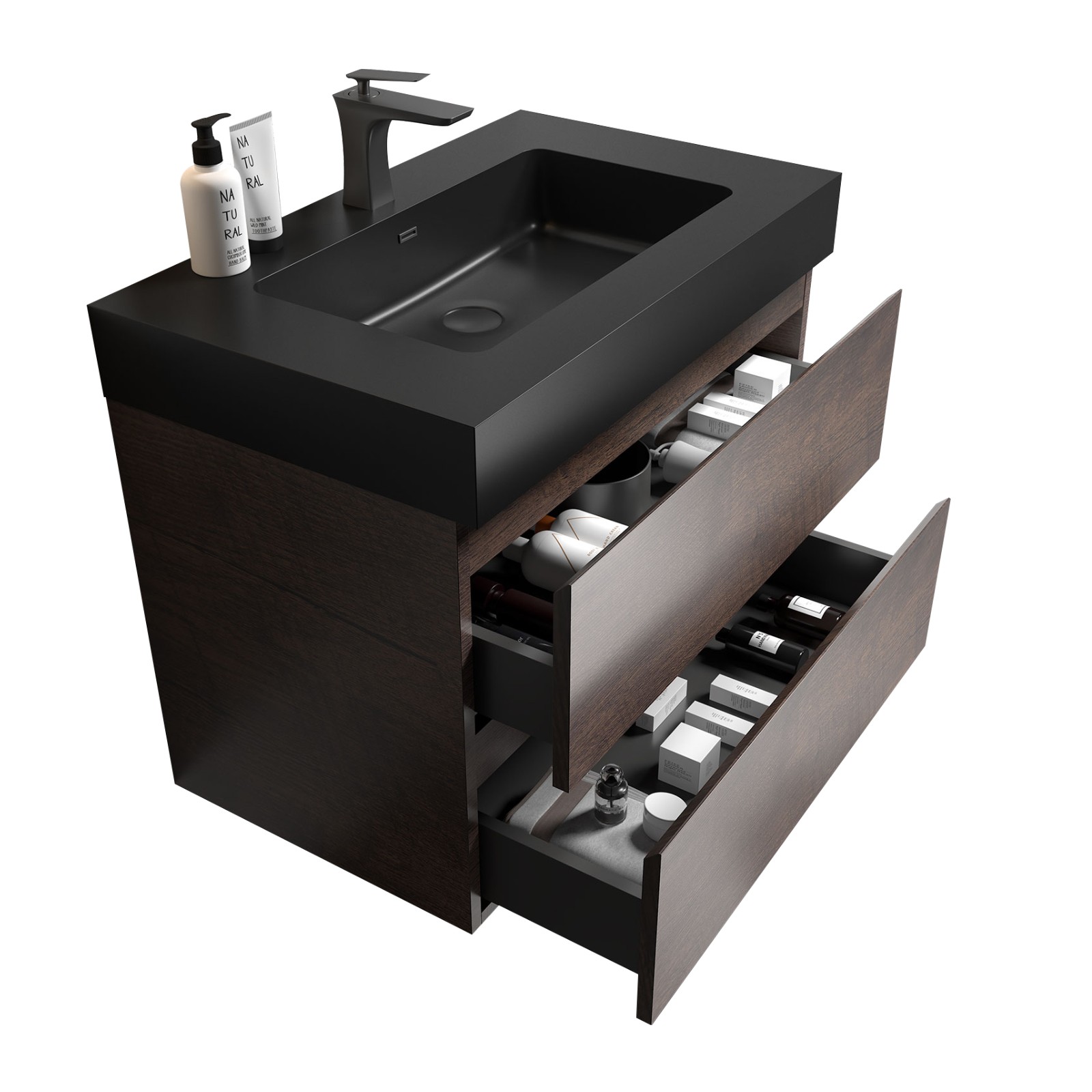 30″ Walnut Floating Bathroom Vanity with Black Sink, Triple Drawers