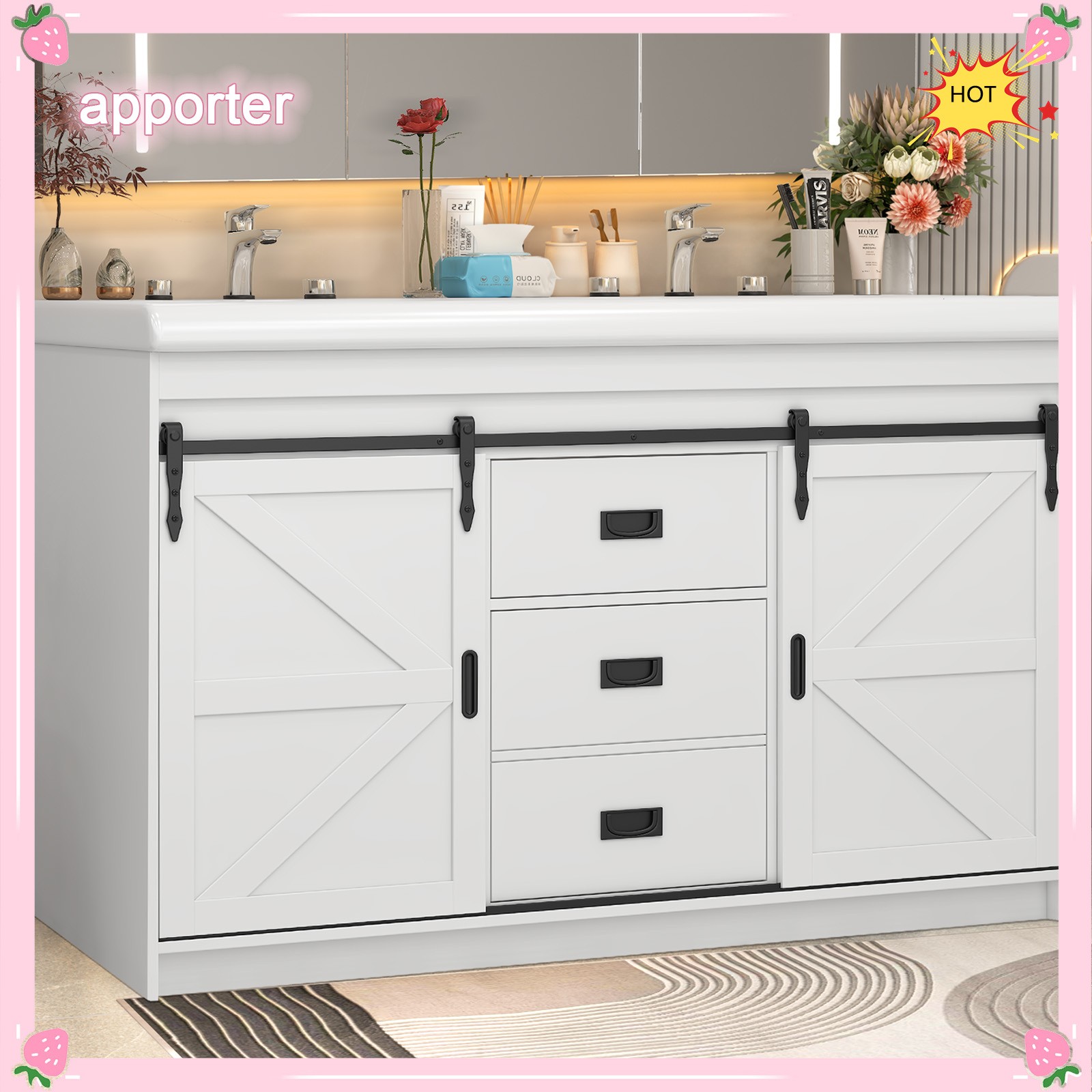 Yamissi Double Bathroom Vanity Cabinet Ceramic Sink with Sliding Doors 2 Drawers