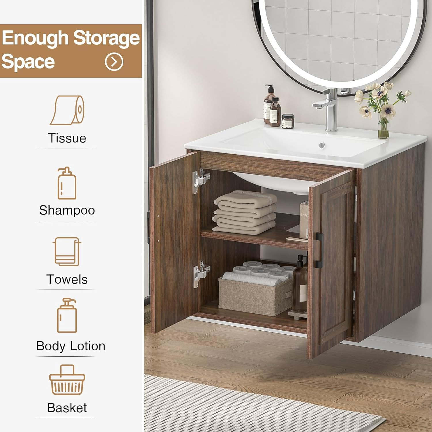 24″ Bathroom Vanities with Sink Combo, Wall Mounted Floating Vanity, Wood Bathro