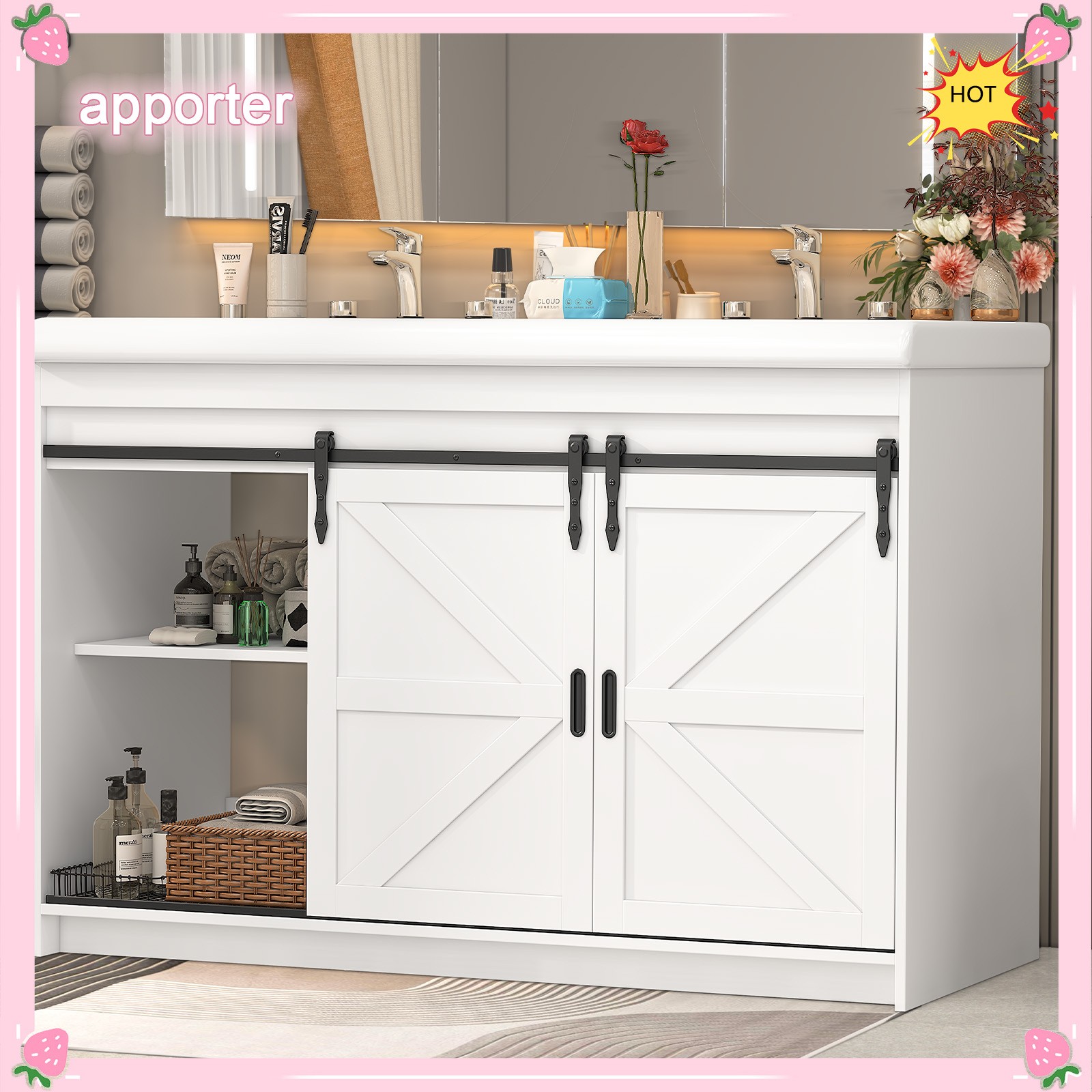 Yamissi Double Bathroom Vanity Cabinet Ceramic Sink with Sliding Doors 2 Drawers