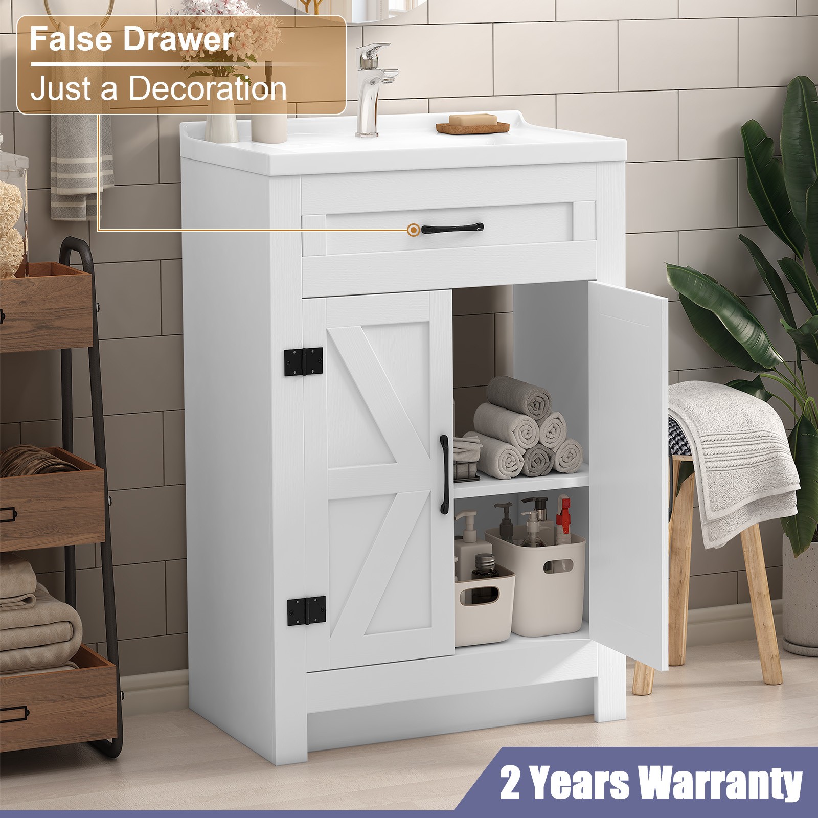 23″ Bathroom Vanity Cabinet & Door Ceramic Sink Bowl Cabinet Bath Organizer