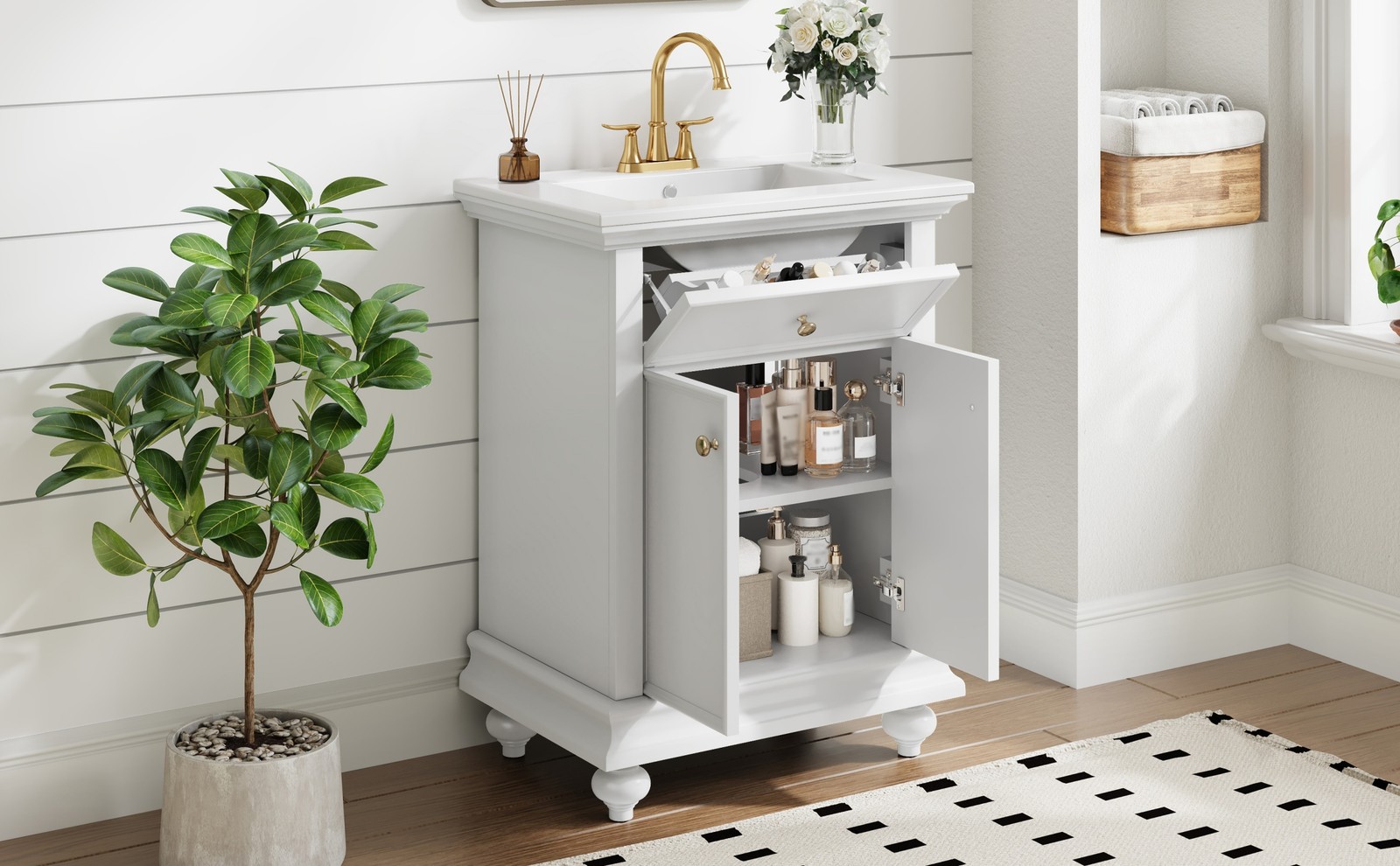 24″ Modern Bathroom Vanity with A Tip-Out Drawer & Soft-Close Hinges White