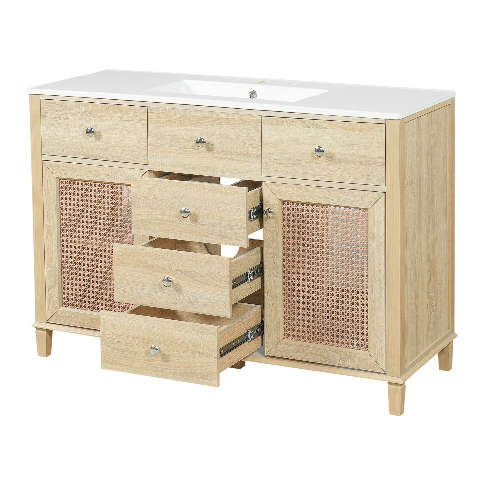 Natural Rattan Bathroom Vanity 48″/2 Cabinets/Sink & Solid Wood Frame Fre Ship