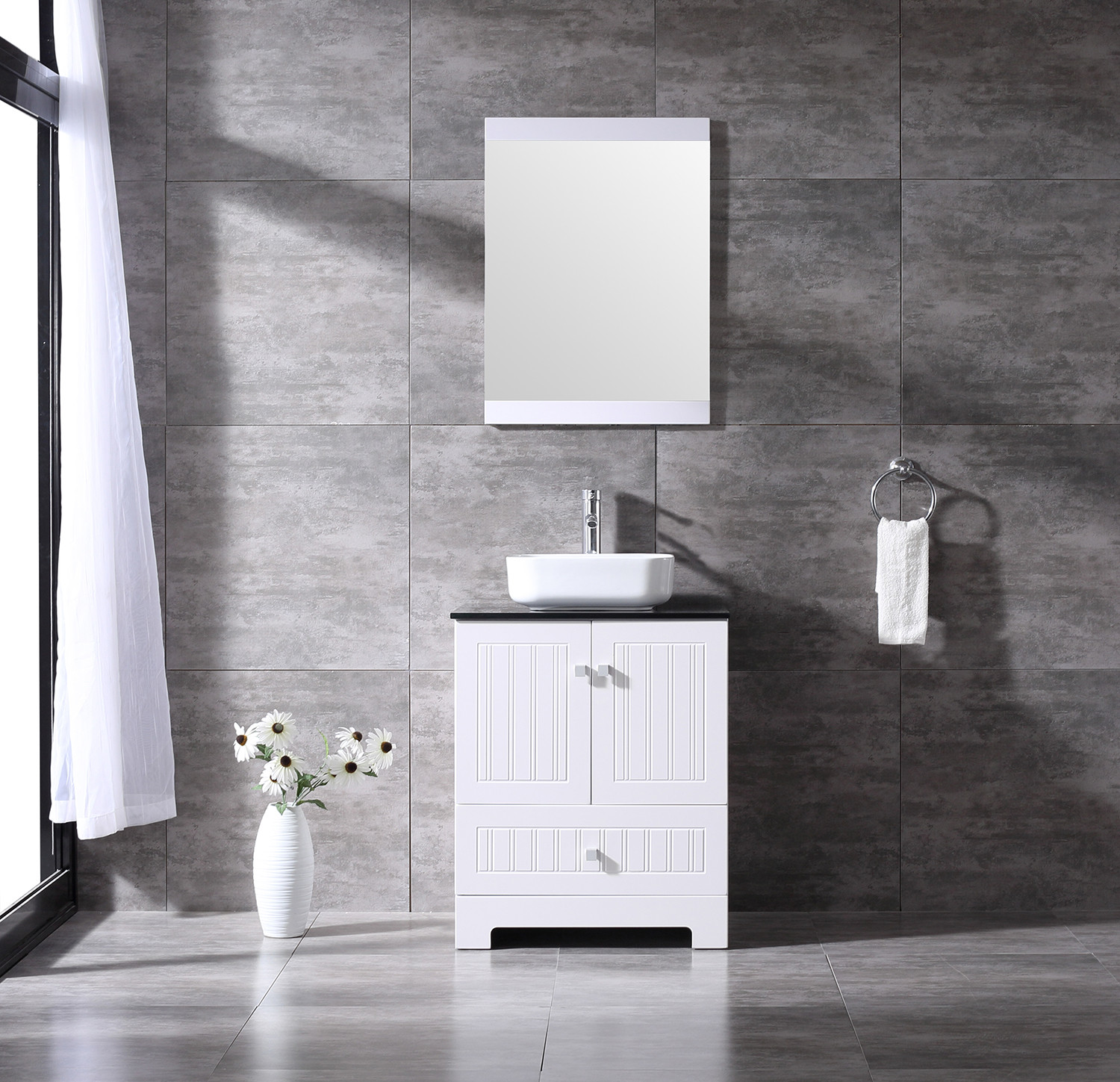 24″ Bathroom Single Vanity PVC Cabinet Basin Ceramic Sink Faucet w/ Mirror Set