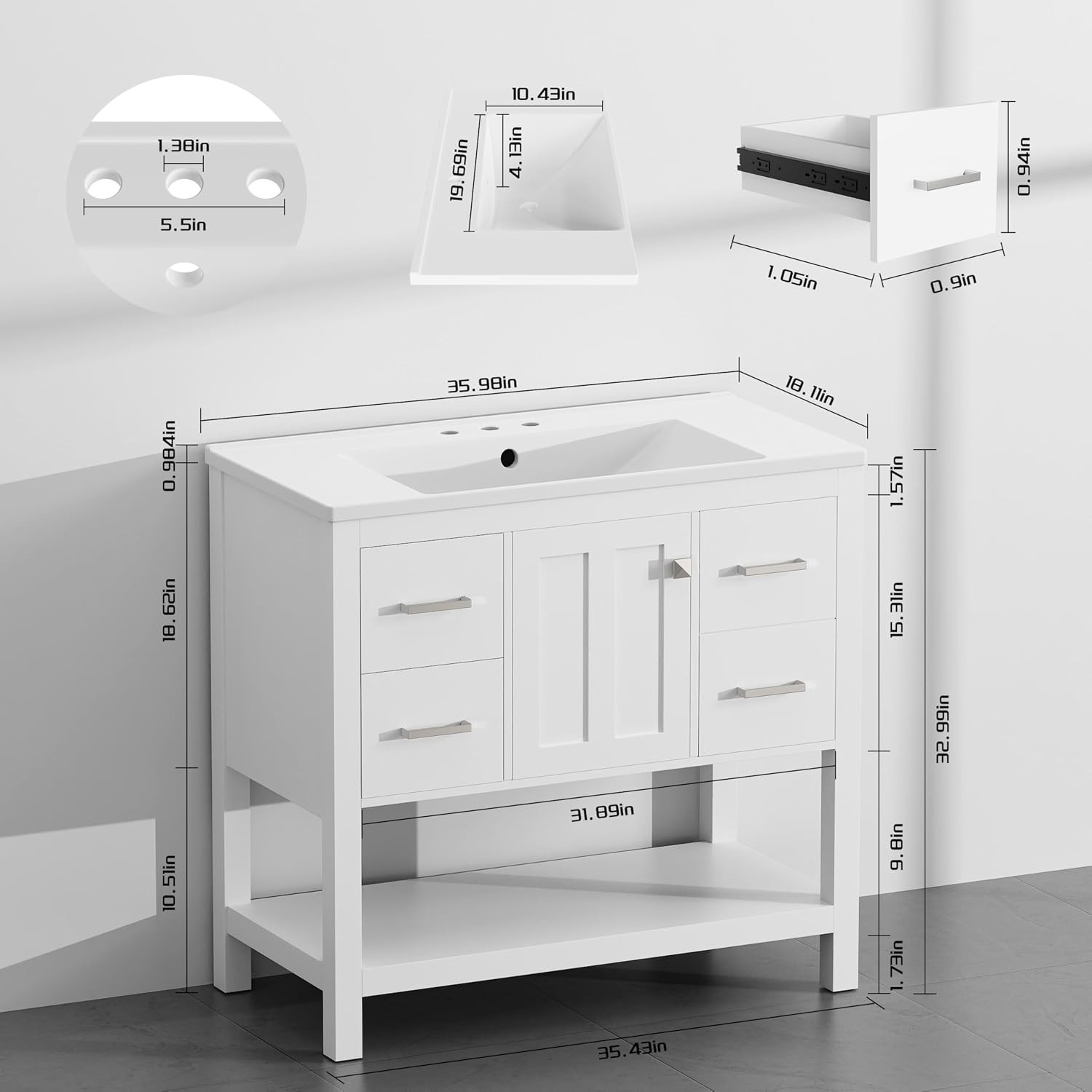 36” Bathroom Vanity W/ Single Sink Solid Wood Frame Modern Bathroom Storage