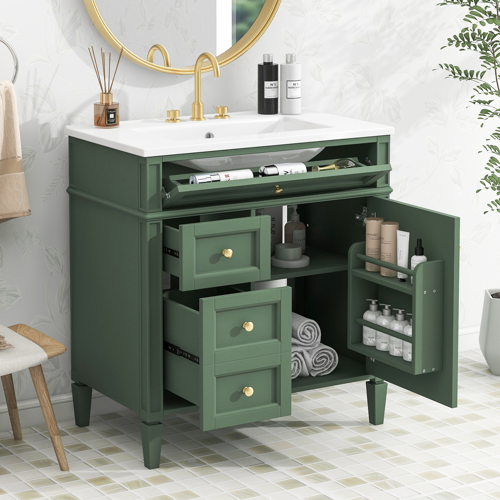 30” Bathroom Vanity with Top Ceramic Sink Modern Storage Cabinet with 2 Drawers