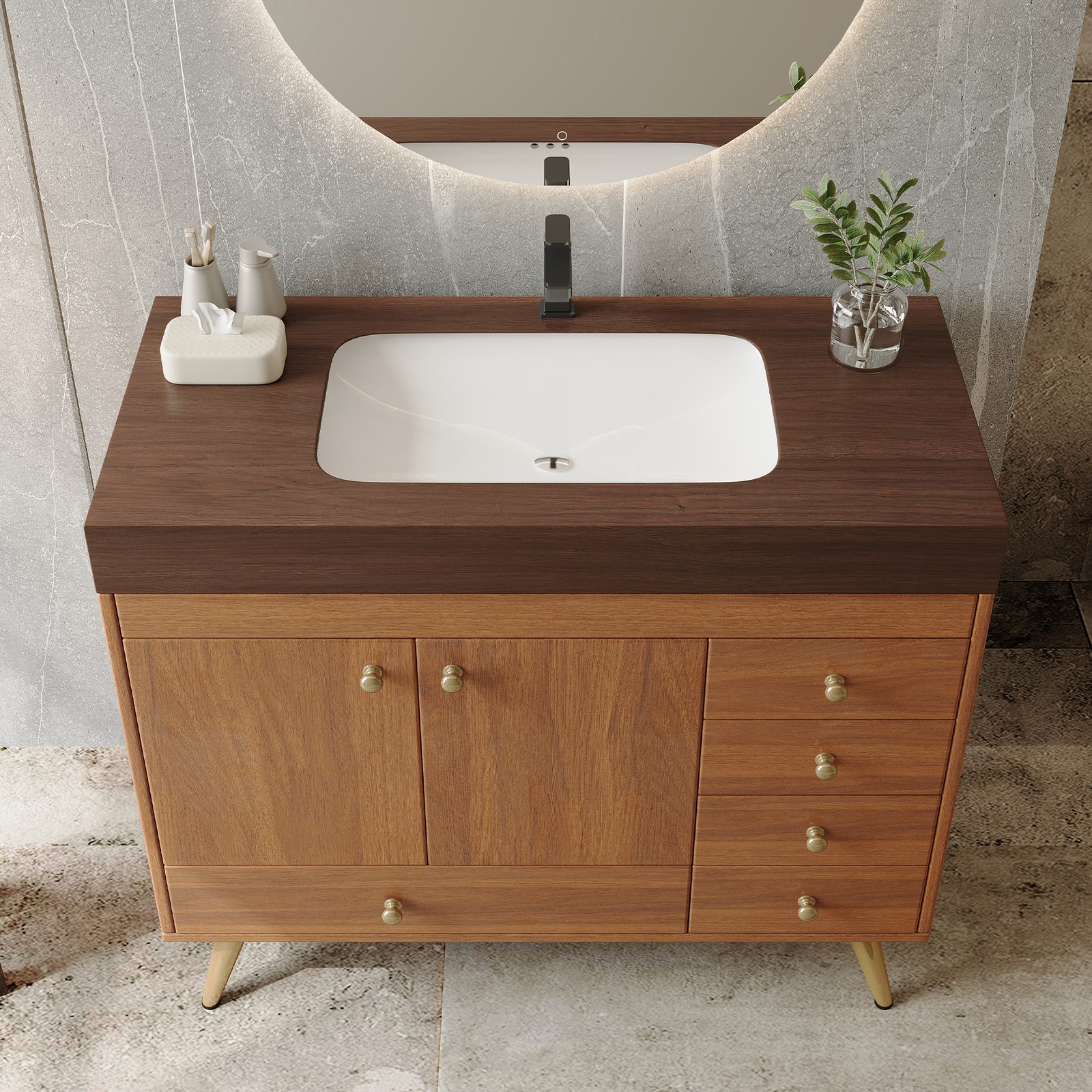 36″ Freestanding Bathroom Vanity with Faux Marble Top & Ceramic Sink