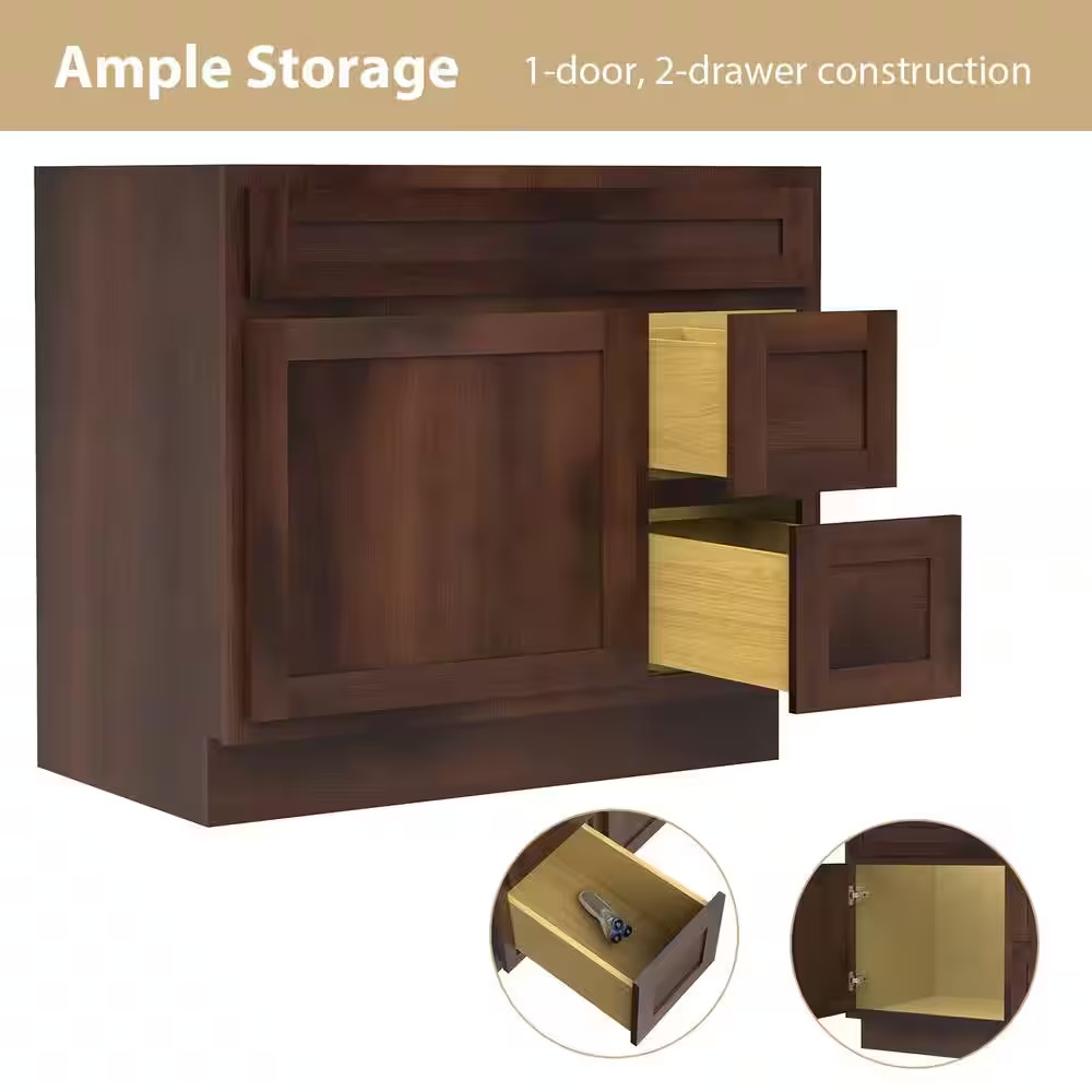 36 In. W X 21 In. D X 32.5 In. H 2-Right Drawers Bath Vanity Cabinet Only in Bro