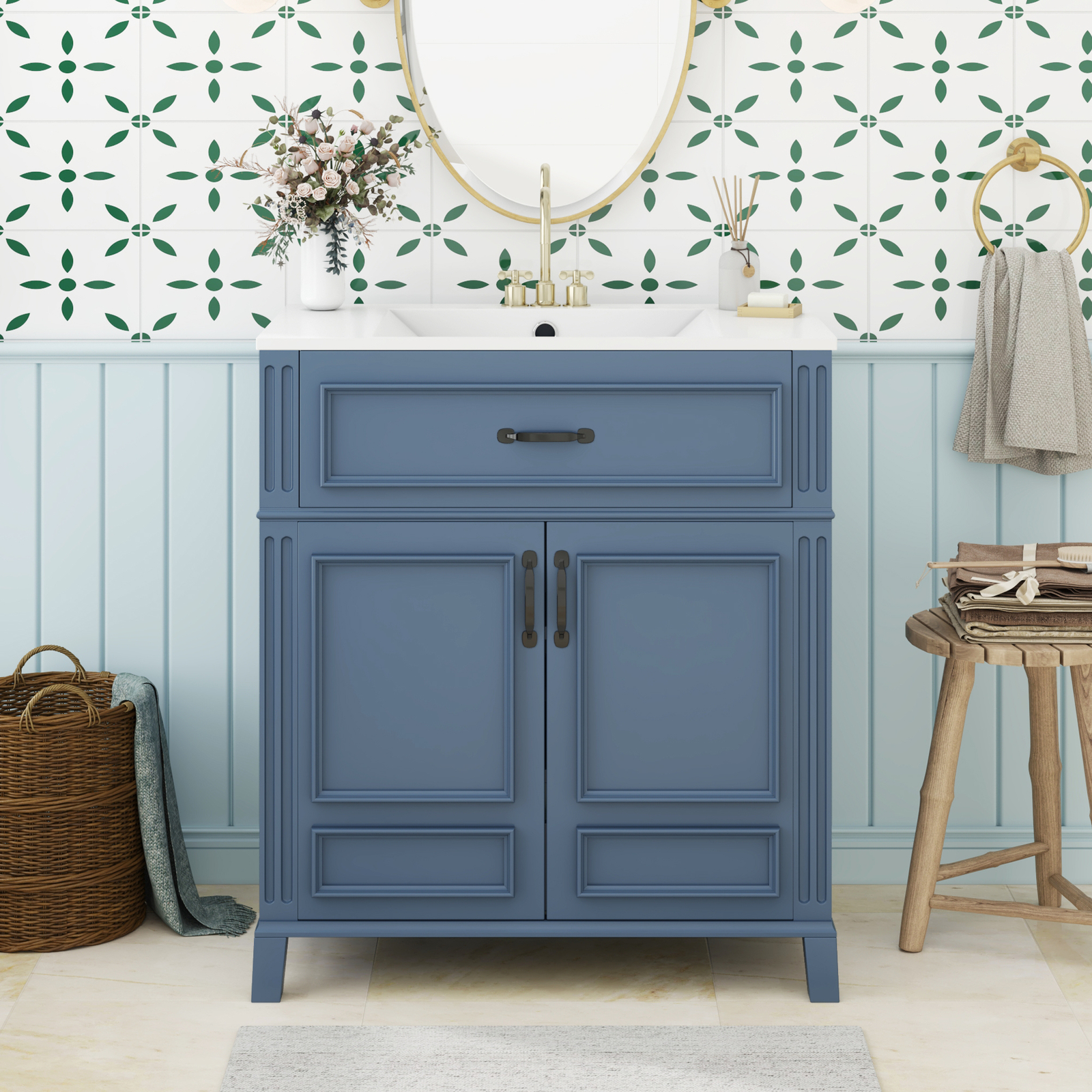 30” Bathroom Vanity with Ceramic Sink,Solid Wood Frame Bathroom Storage Cabinet
