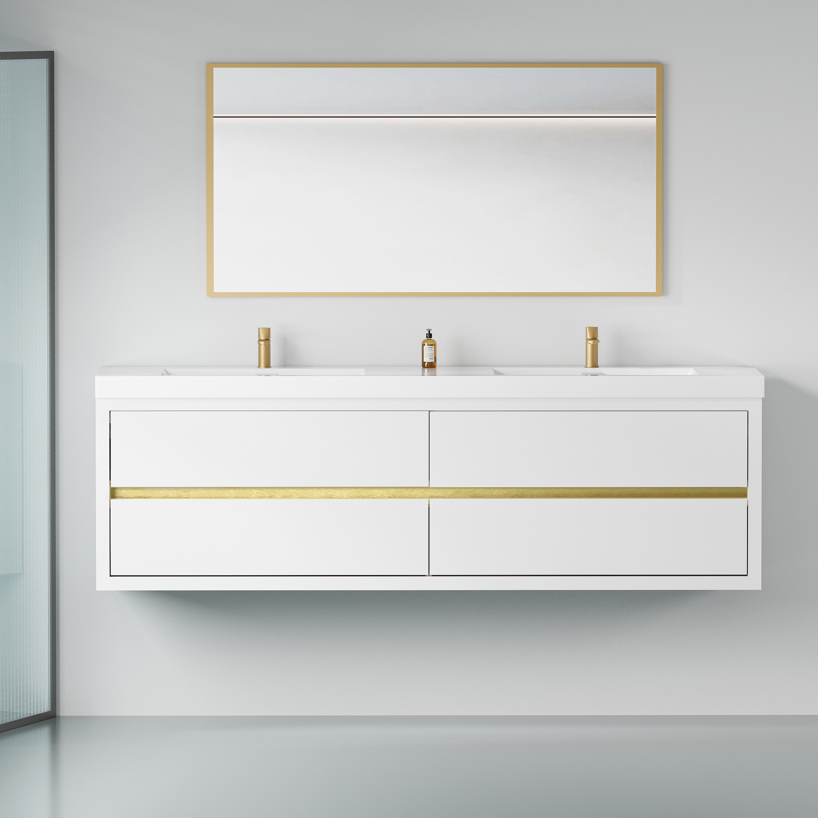 72″ Wall Mounted White Bathroom Vanity With Double Stone Resin Sink 4 Drawers