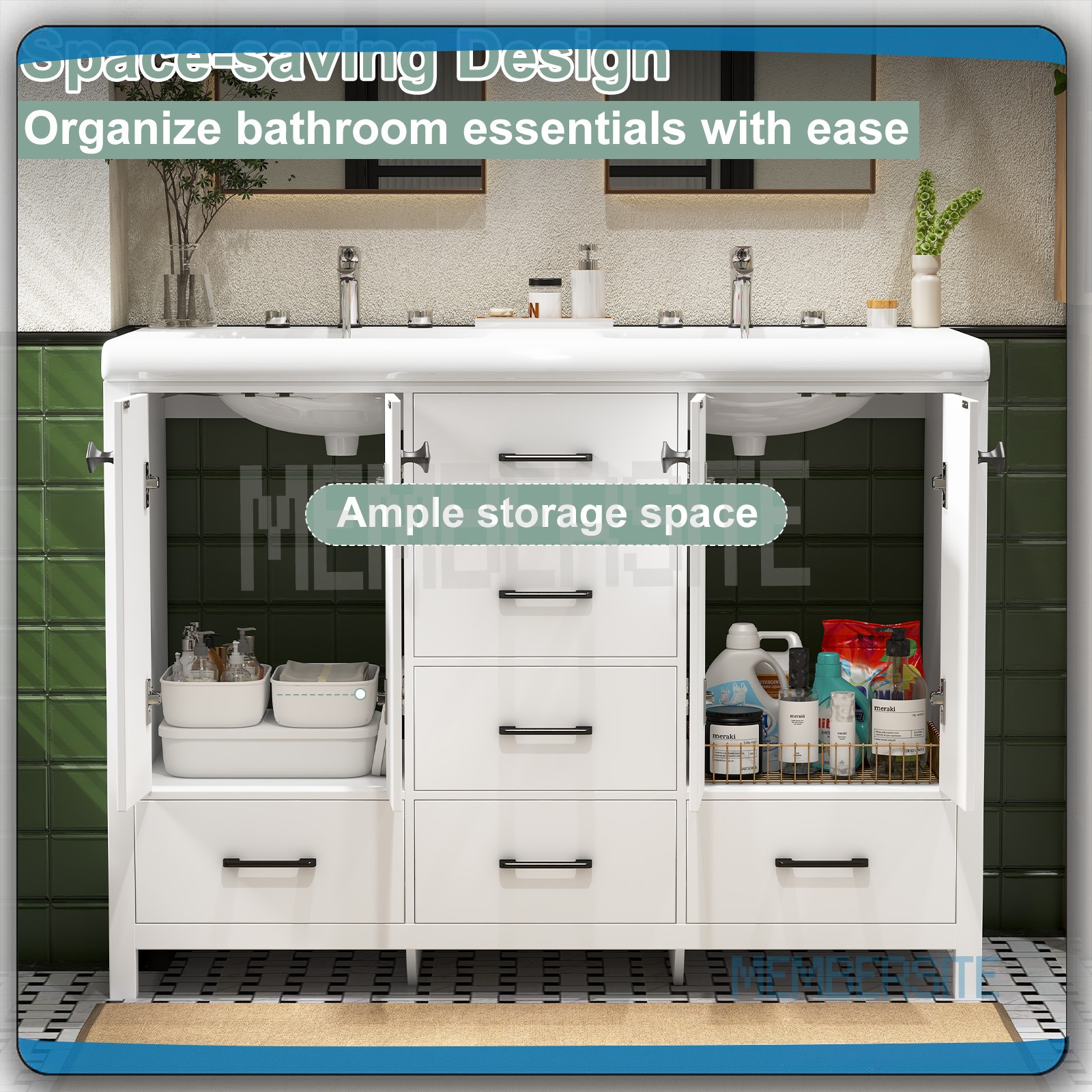 47.3″ Bathroom Vanity w/Double Ceramic Sinks Cabinet and 5 Drawers Freestanding