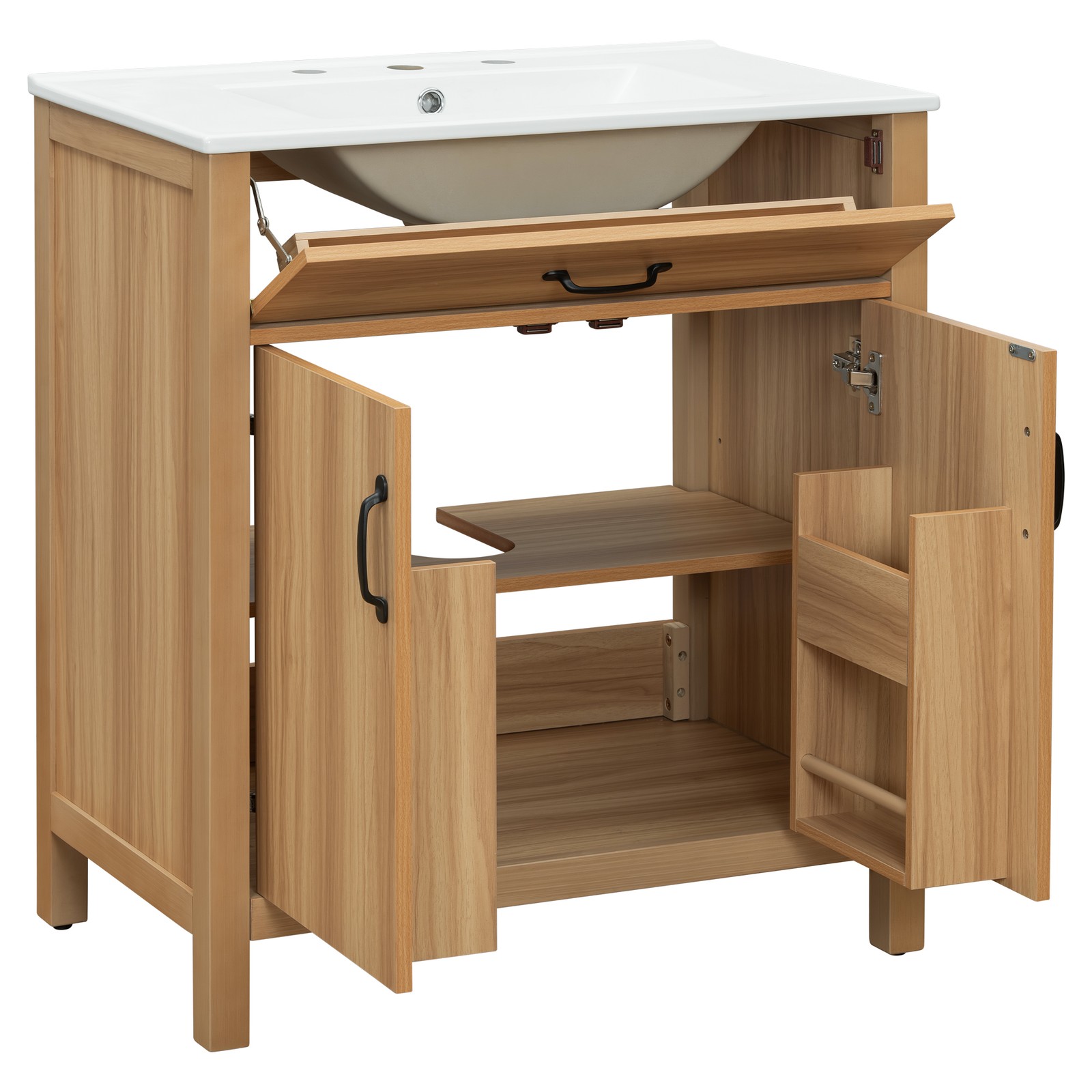 30″ Wood Bathroom Vanity with Solid Wood Frame, 2 Soft Close Doors,1 Flip Drawer