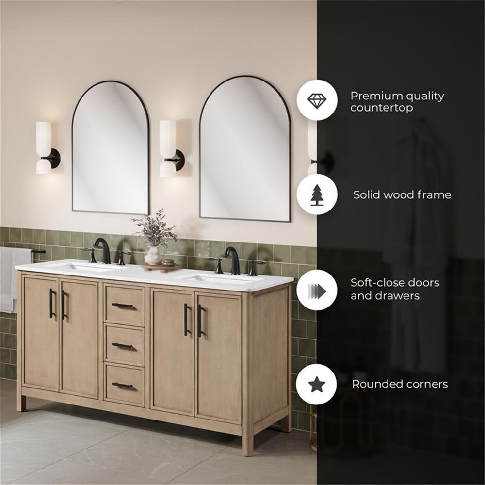 Pemberly Row 60″ Double Bathroom Vanity in Sahara Birch with White Countertop