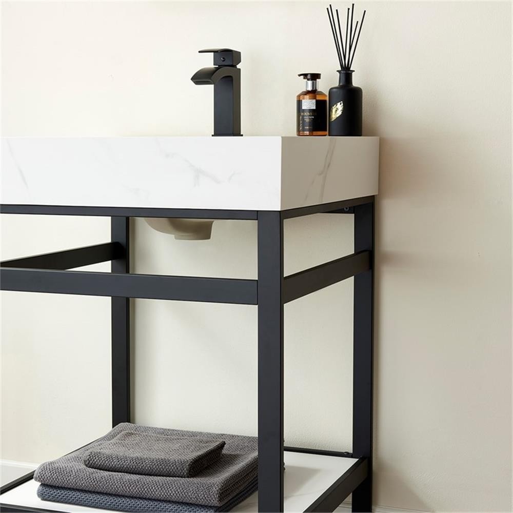 Funes 24″ Single Sink Bathroom Vanity in Matte Black Frame White Top w/ Mirror