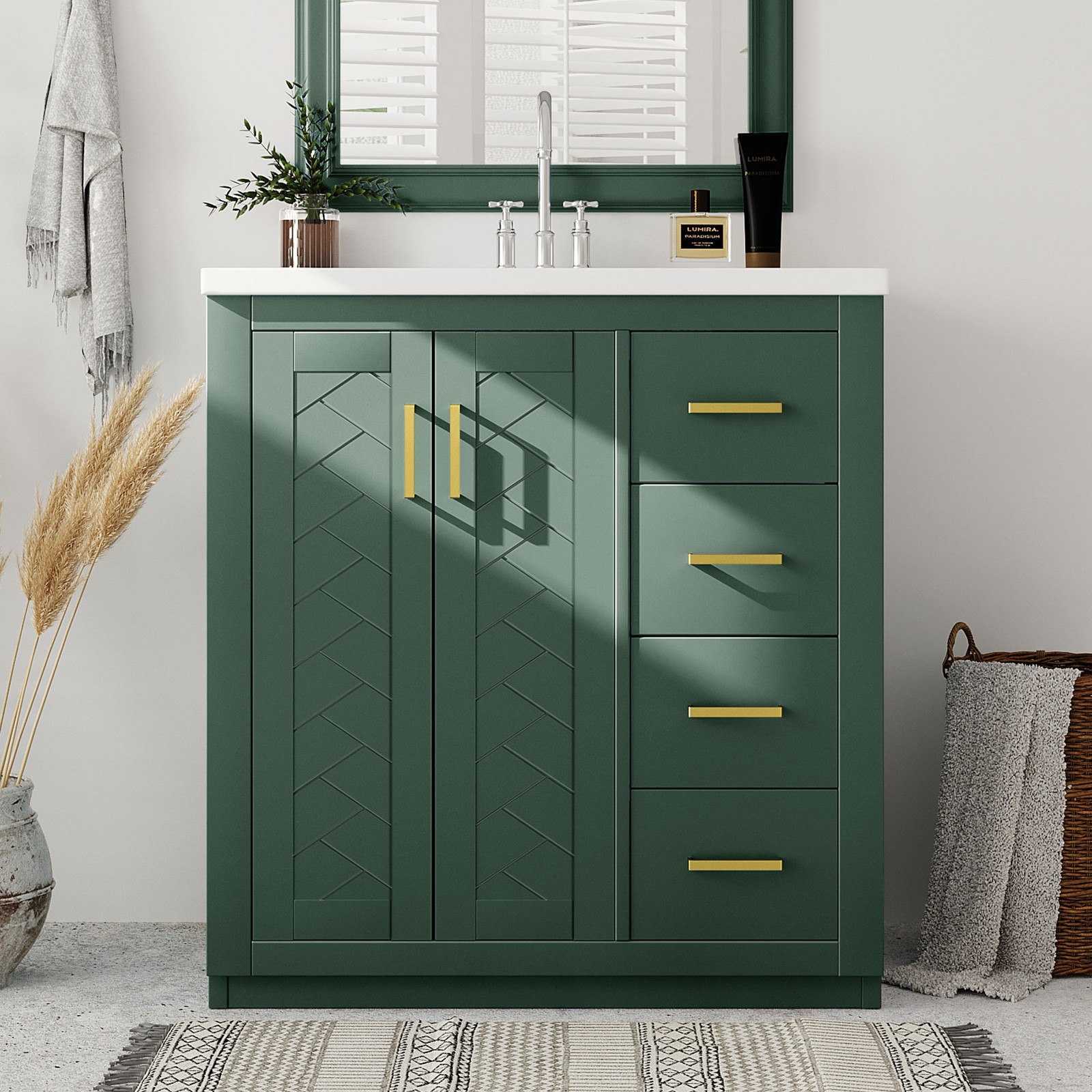 30″ Bathroom Vanity with Ceramic Sink, Solid Wood Frame, 3 Drawers