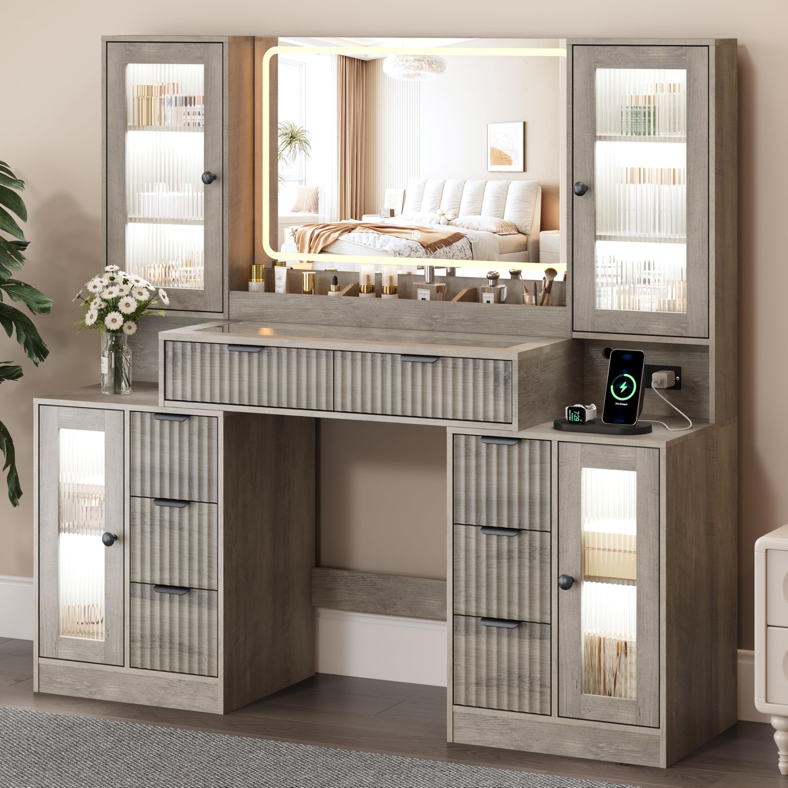 Fluted Vanity Desk with Mirror & Lights