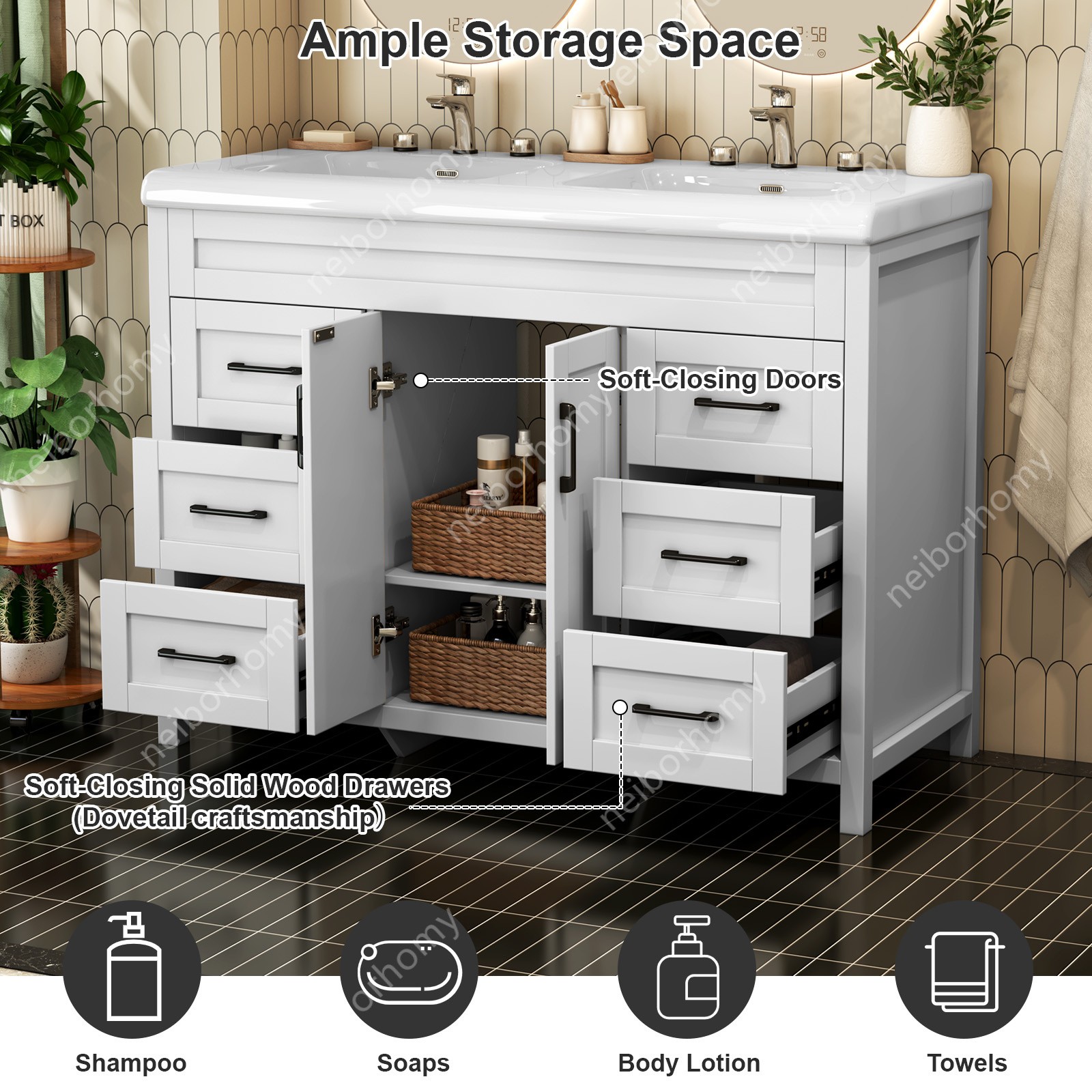 47″ Bathroom Vanity Double Sink Ceramic Freestanding Cabinet Storage Drawers