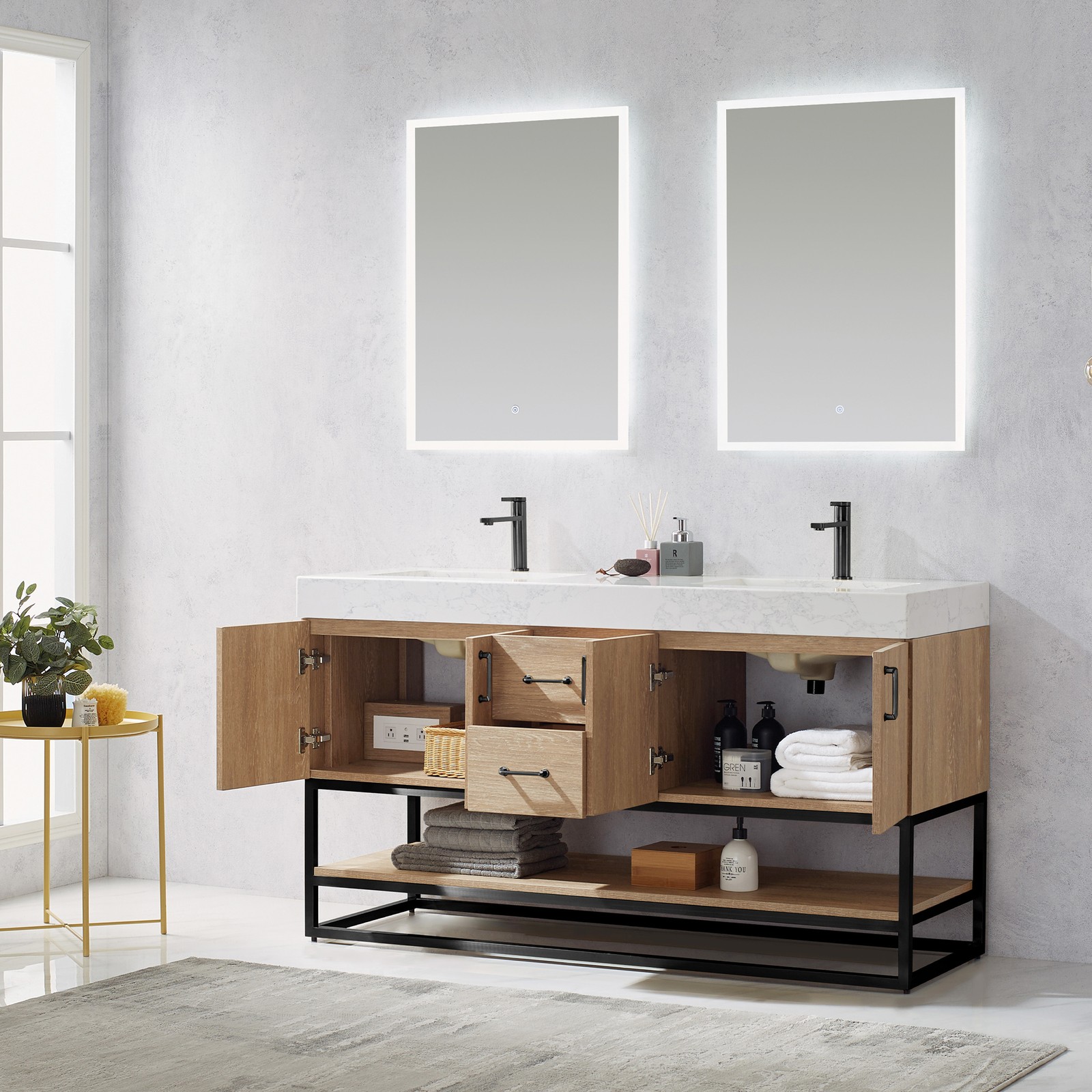 Vinnova Alistair 60″ White Stone Top Oak Double Vanity Black Frame w/o Mirror