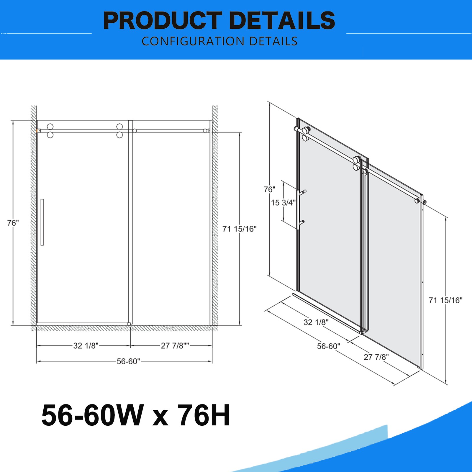 Frameless Sliding Shower Door 56″-60″W x 76″H 3/8″ Tempered Glass