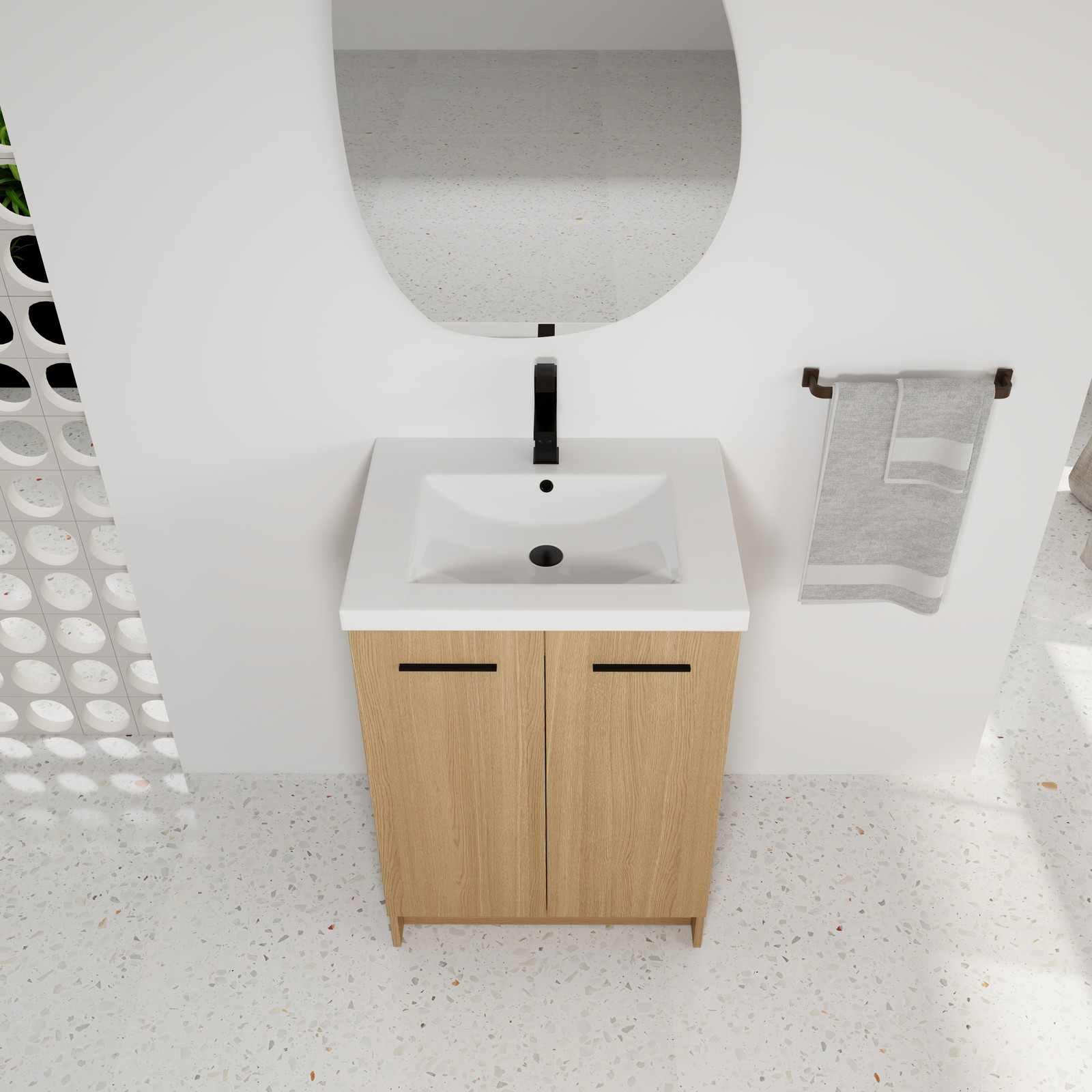 24″ Freestanding Bathroom Vanity with Resin Sink, Light Oak