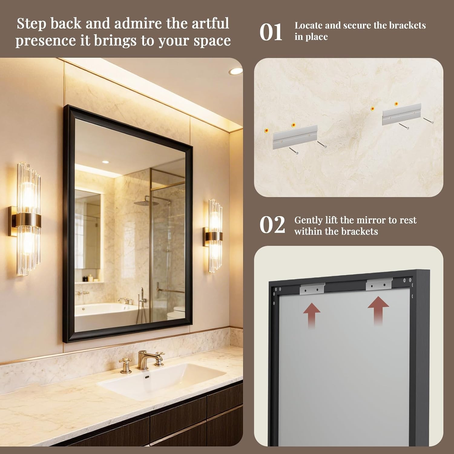 Modern 24×36 Black Metal Framed Bathroom Mirror, HD Tempered Glass, Anti-Rust