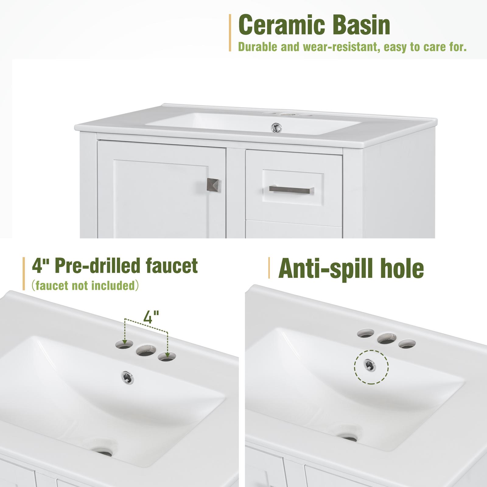 30″ Solid Wood Bathroom Vanity Cabinet with Resin Sink Top, 1 Door and 3 Drawers
