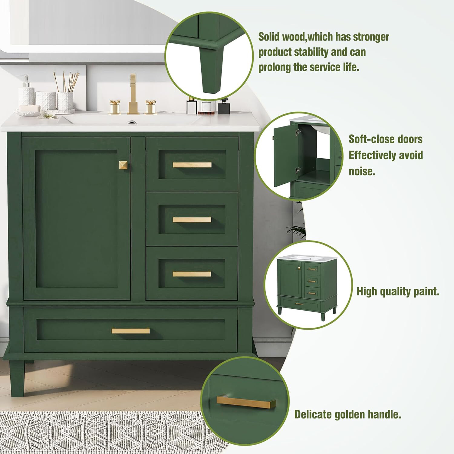 30″ Solid Wood Bathroom Vanity Cabinet with Resin Sink Top, 1 Door and 3 Drawers