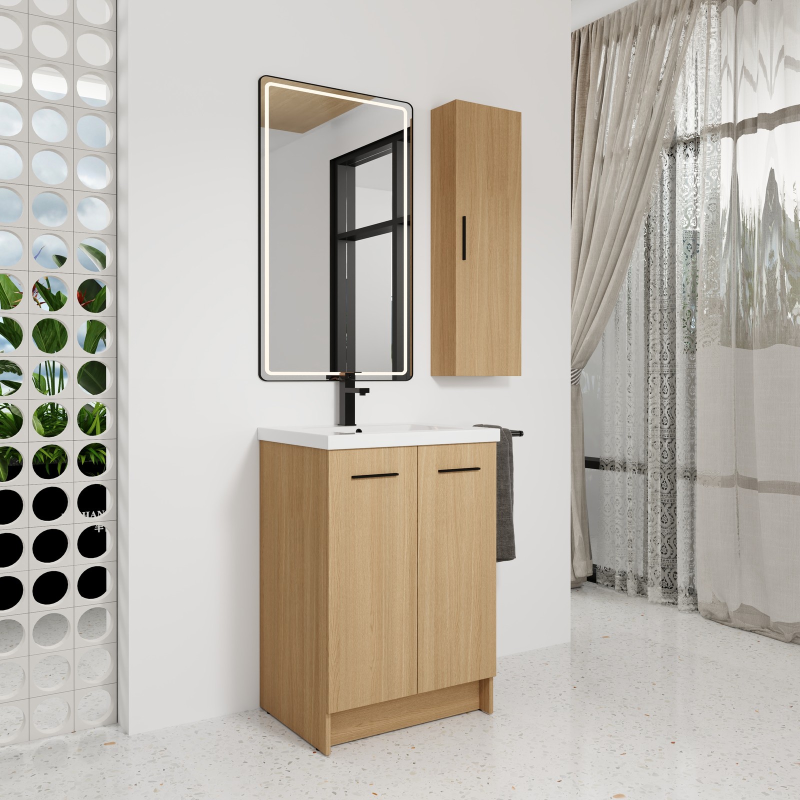24″ Freestanding Bathroom Vanity Set with Tall Linen Cabinet, Light Oak